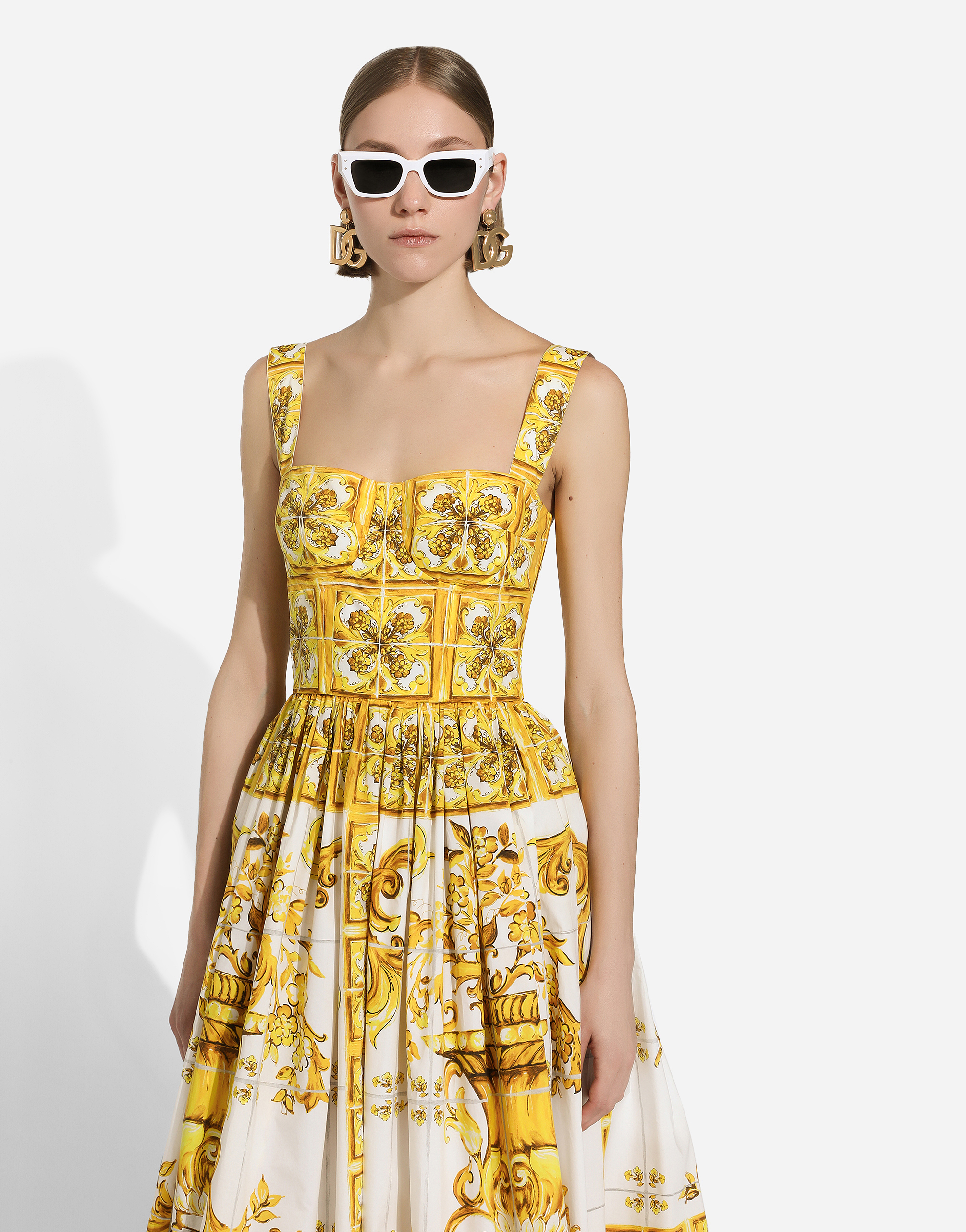 Shop Dolce & Gabbana Midi Corset Dress In Cotton Poplin With Majolica Print