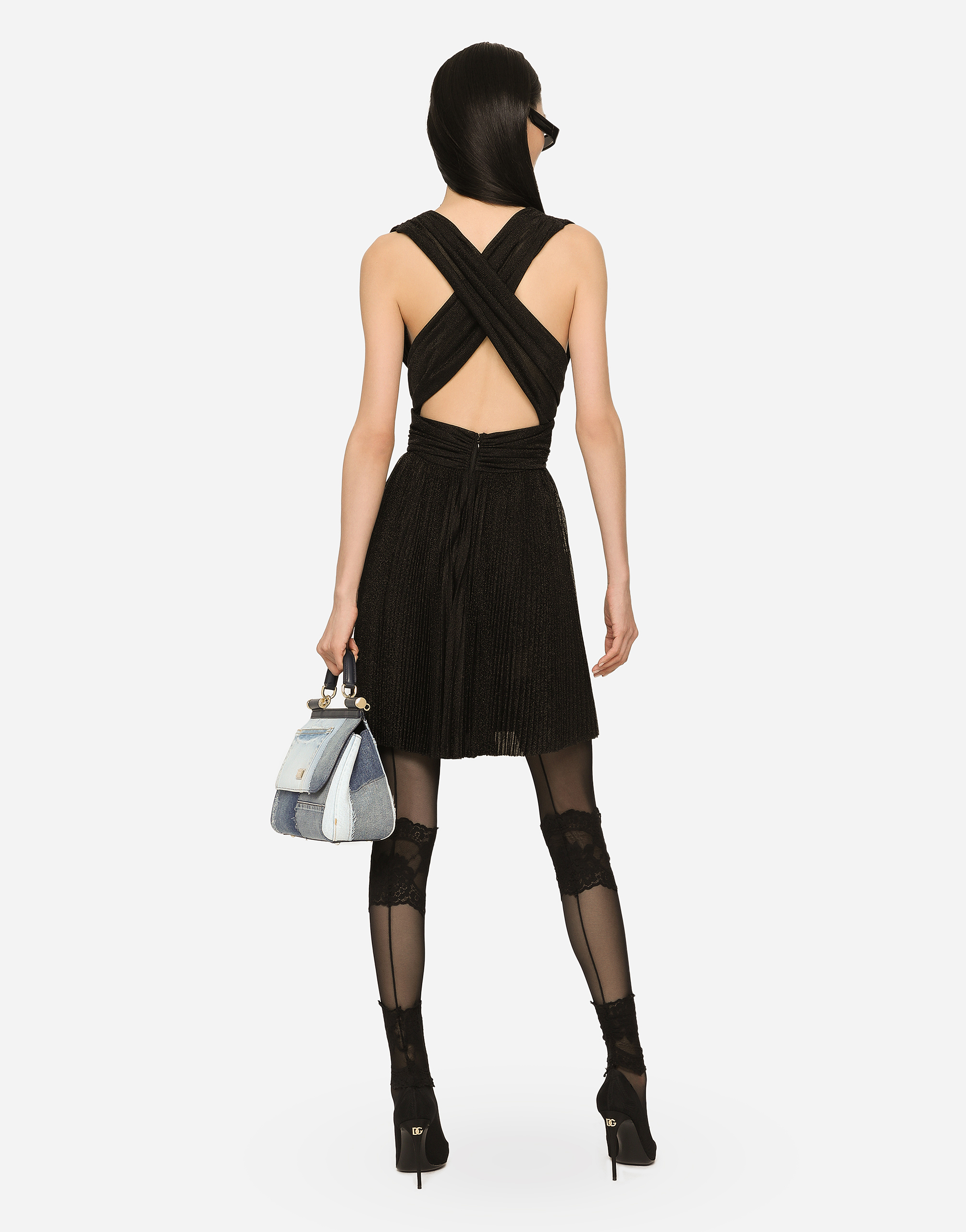 Shop Dolce & Gabbana Short Pleated Lurex Mesh Dress In Black