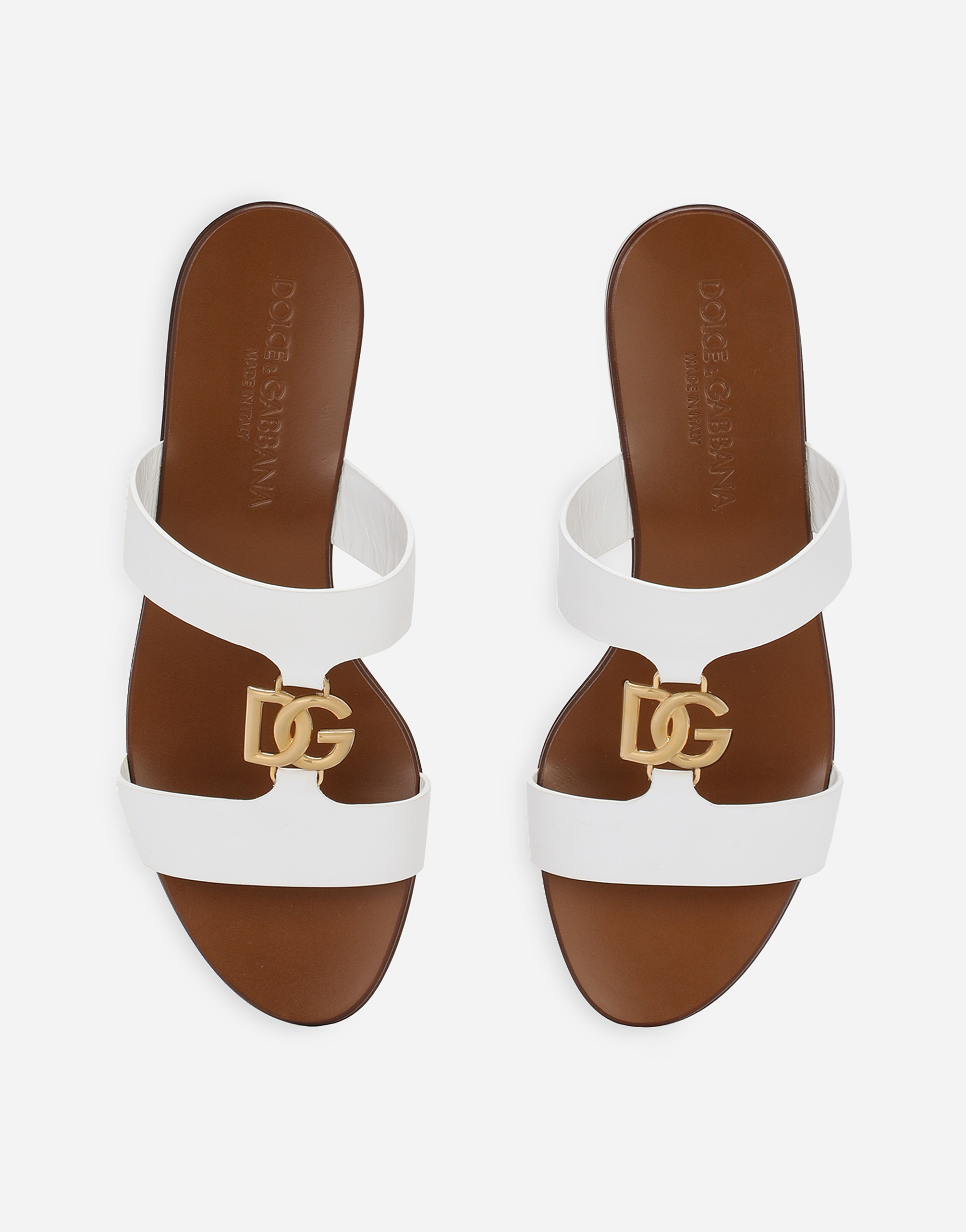 Shop Dolce & Gabbana Calfskin Sliders With Dg Logo In Bianco Ottico