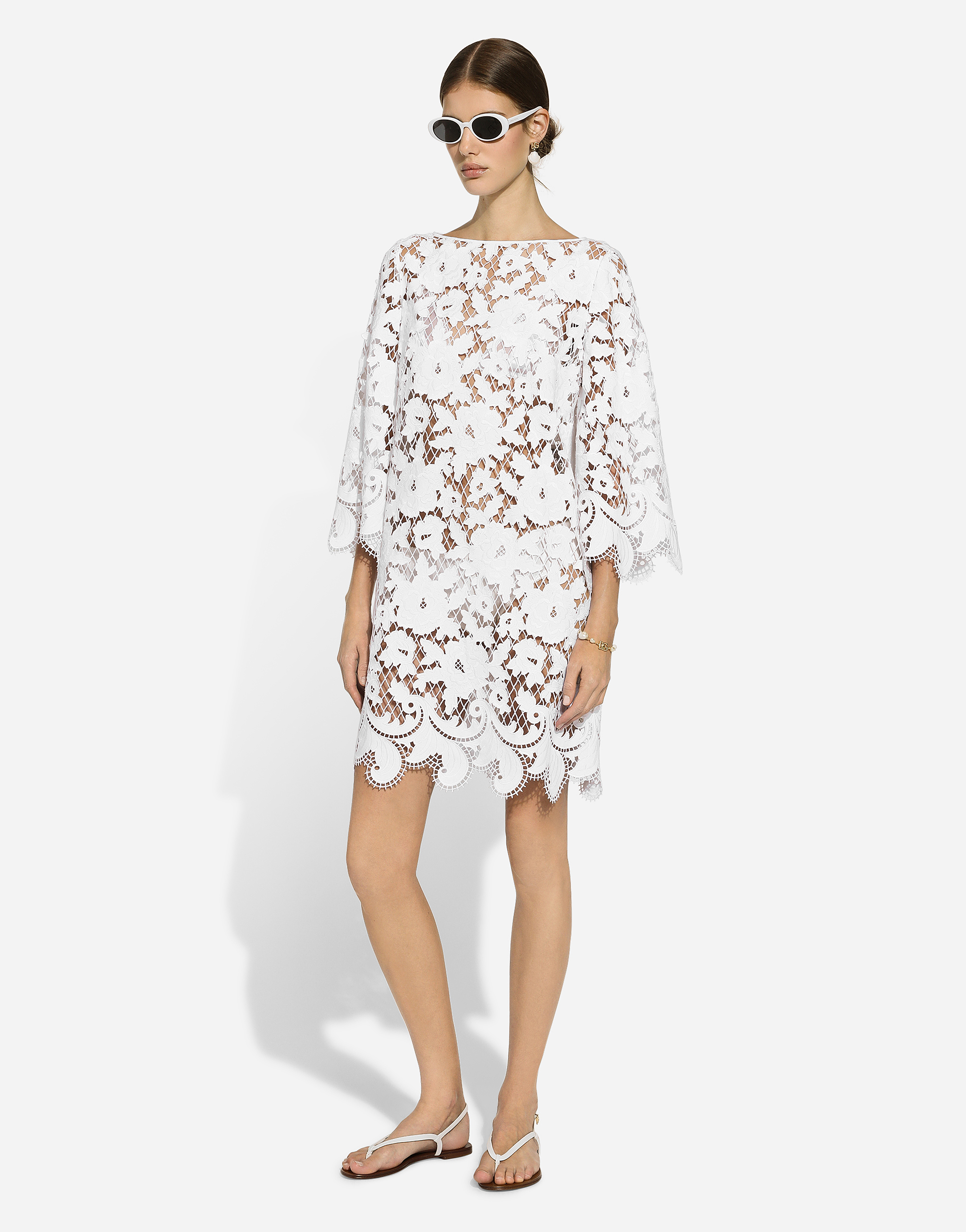 Shop Dolce & Gabbana Floaty Short Cotton Dress With Floral Openwork Embroidery In ホワイト