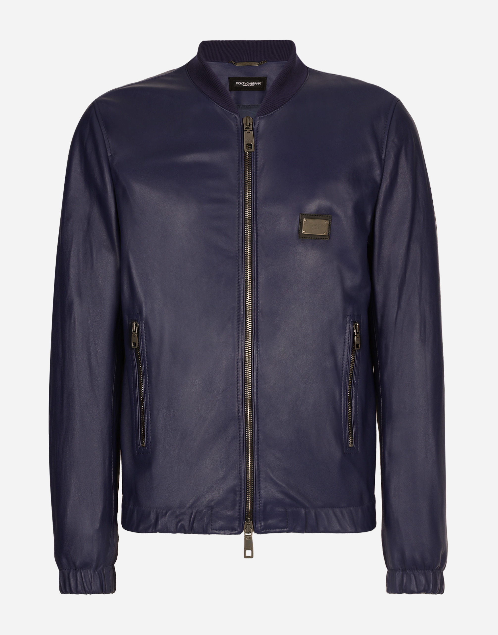 Leather jacket with branded tag in Blue for Men | Dolce&Gabbana®