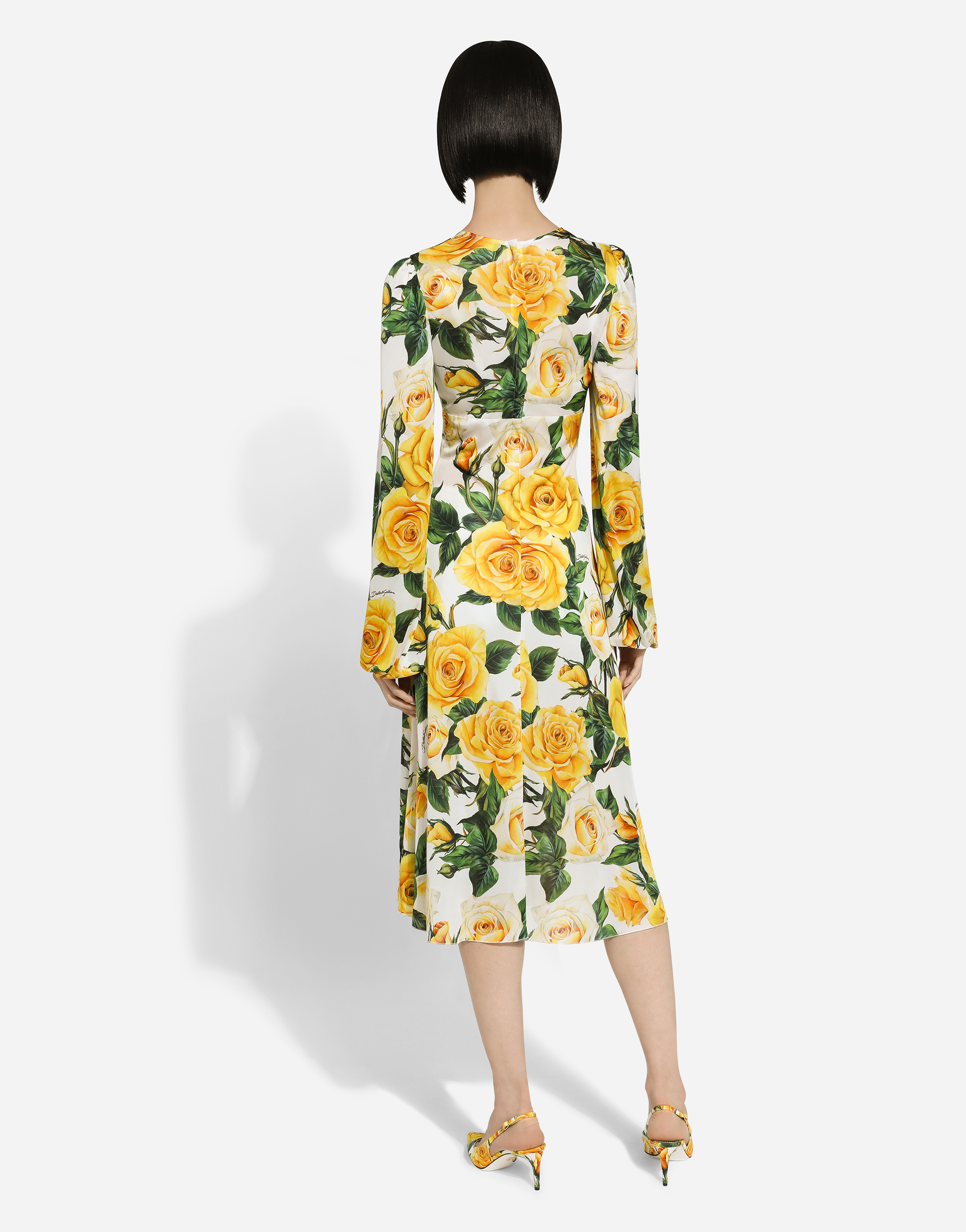 Shop Dolce & Gabbana Organzine V-neck Dress With Yellow Rose Print