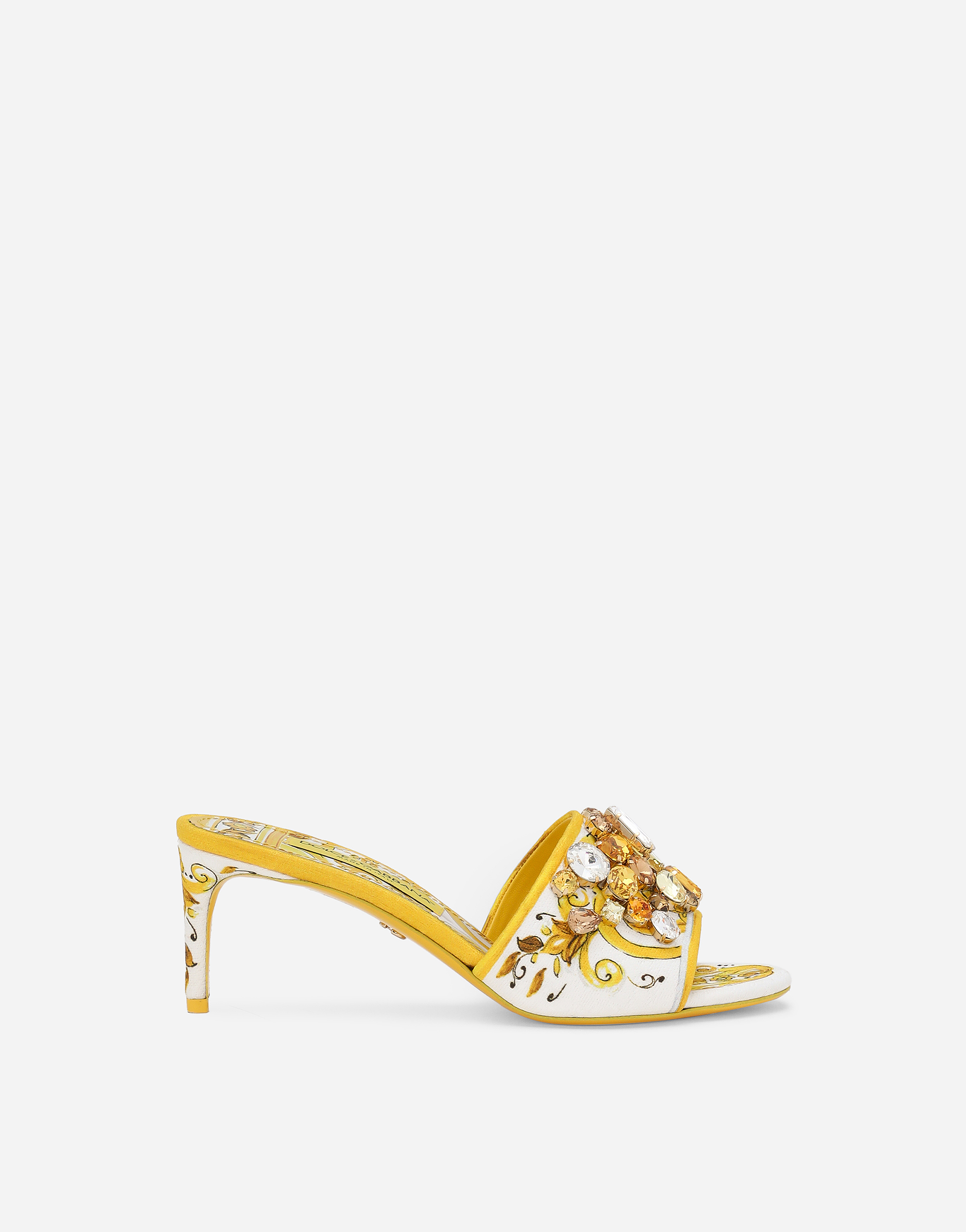 Shop Dolce & Gabbana Majolica-print Brocade Mules With Embroidery In Giallo