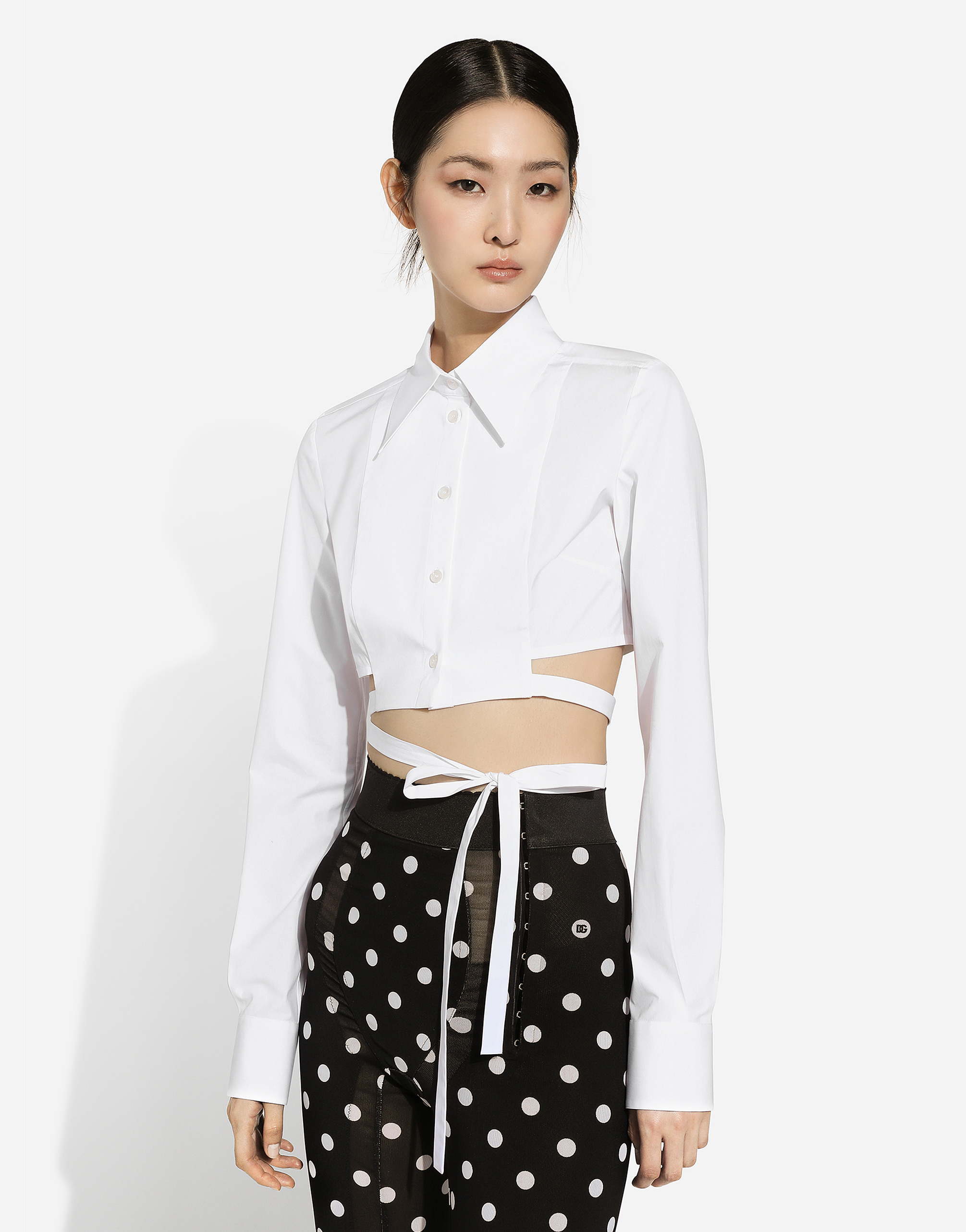 Shop Dolce & Gabbana Cropped Cotton Shirt With Criss-crossing Laces In ホワイト