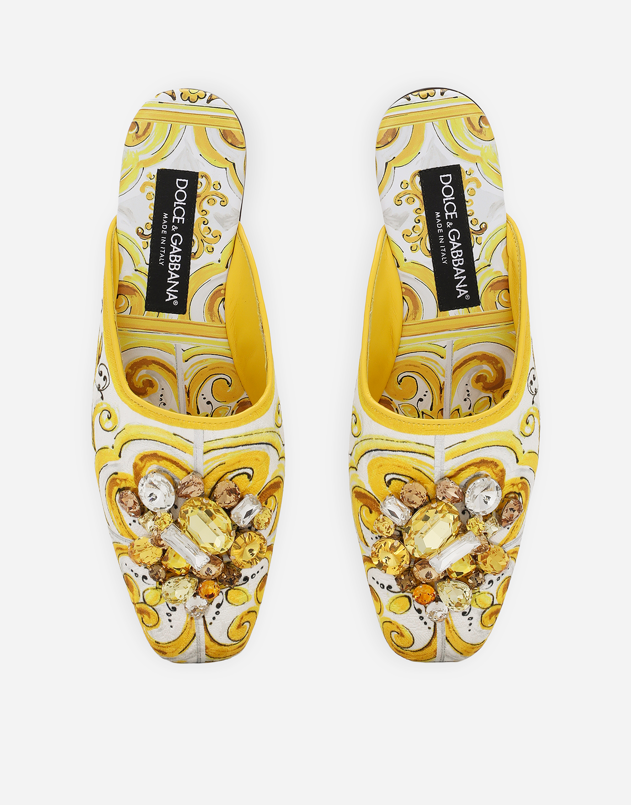 Shop Dolce & Gabbana Majolica-print Brocade Mules With Embroidery In Giallo