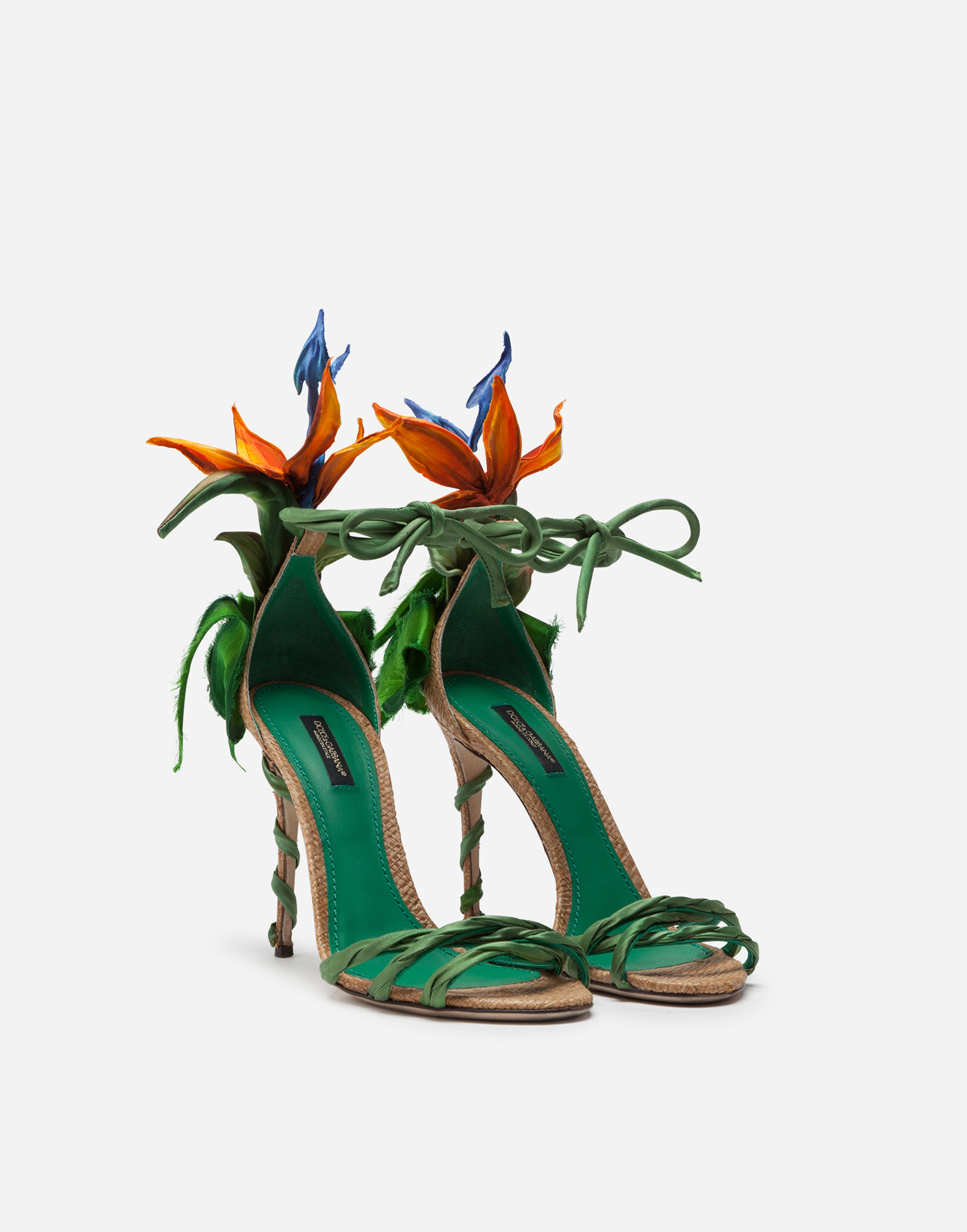 Satin sandals with bird of paradise embroidery