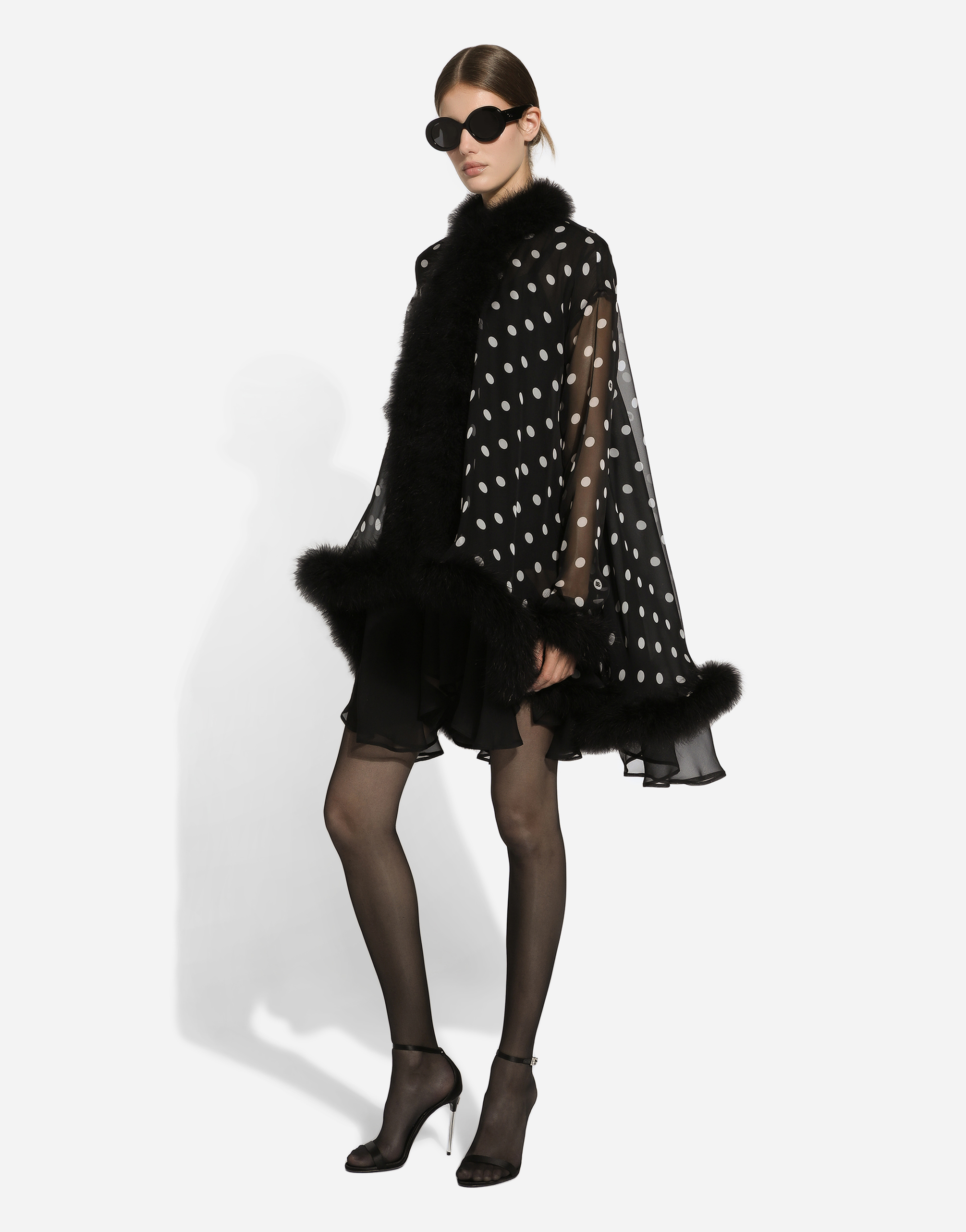 Shop Dolce & Gabbana Chiffon Cape With Polka-dot Print And Marabou Trim In プリ