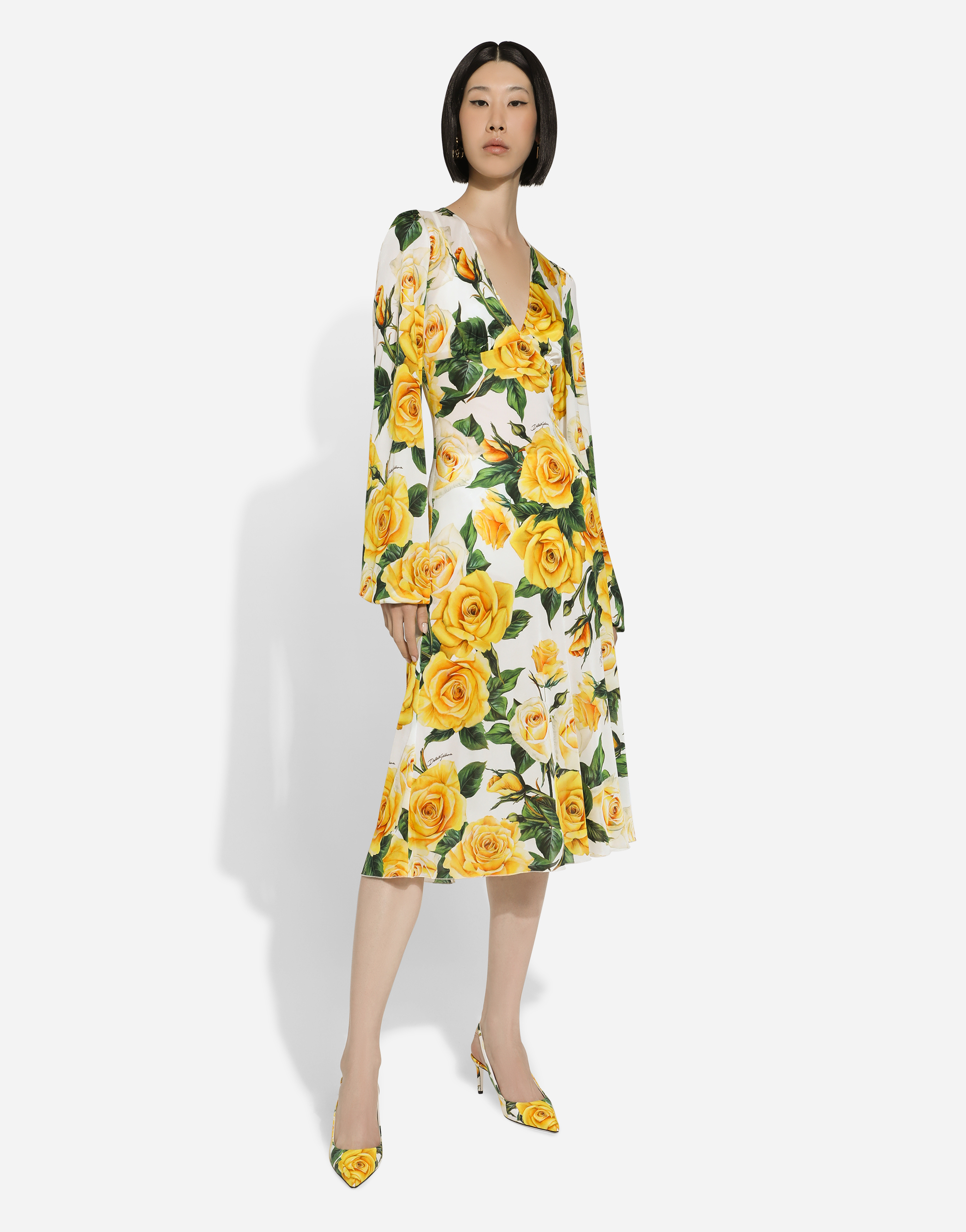 Shop Dolce & Gabbana Organzine V-neck Dress With Yellow Rose Print