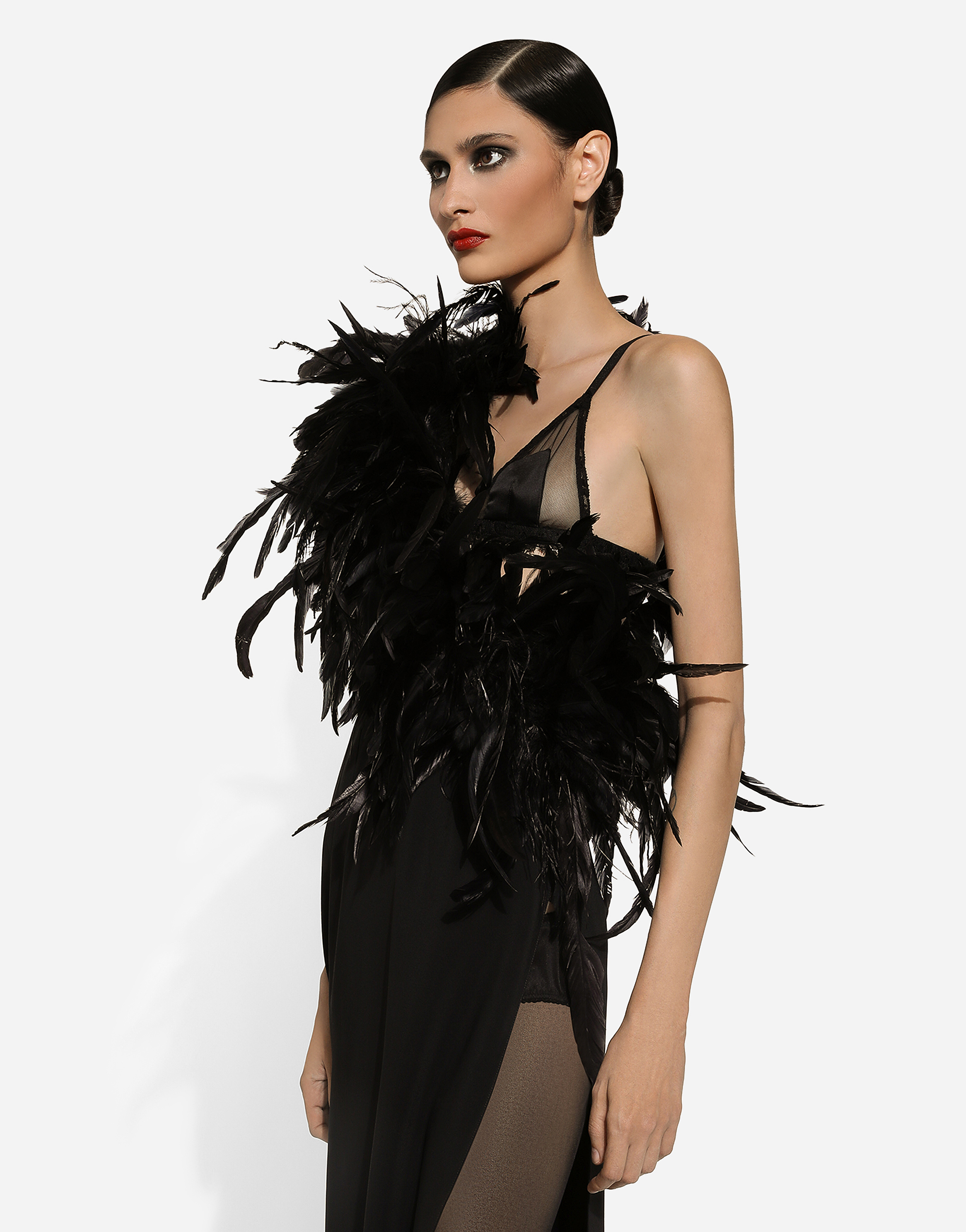 Shop Dolce & Gabbana Long One-shoulder Stretch Cady Dress With Feathered Neckline In Black