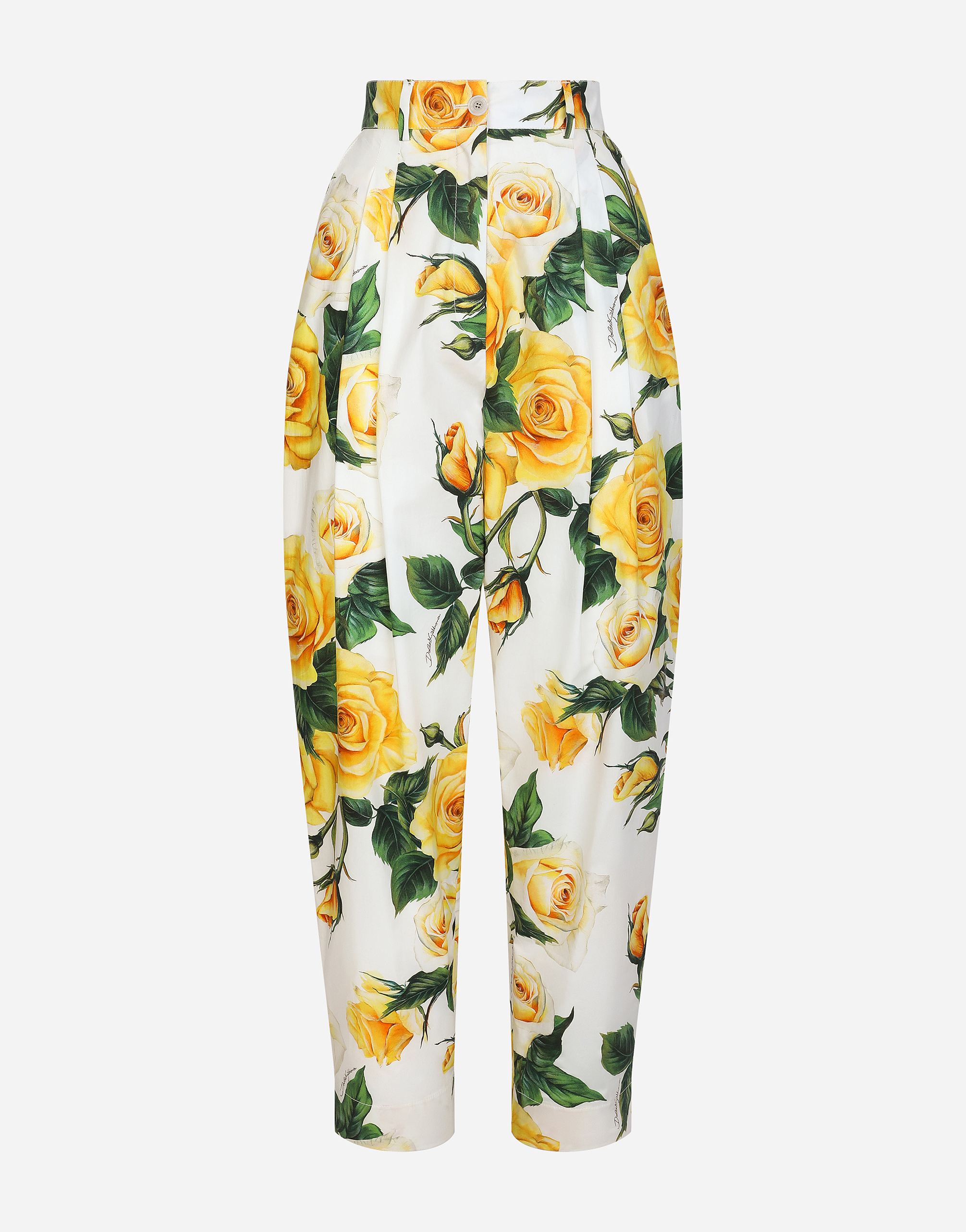 High-waisted cotton pants with yellow rose print in Print for 