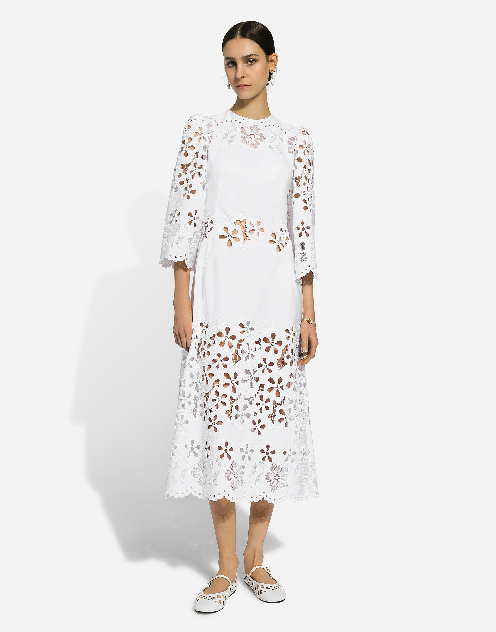 Shop Dolce & Gabbana Cotton Calf-length Dress With Cut-out Detailing In ホワイト