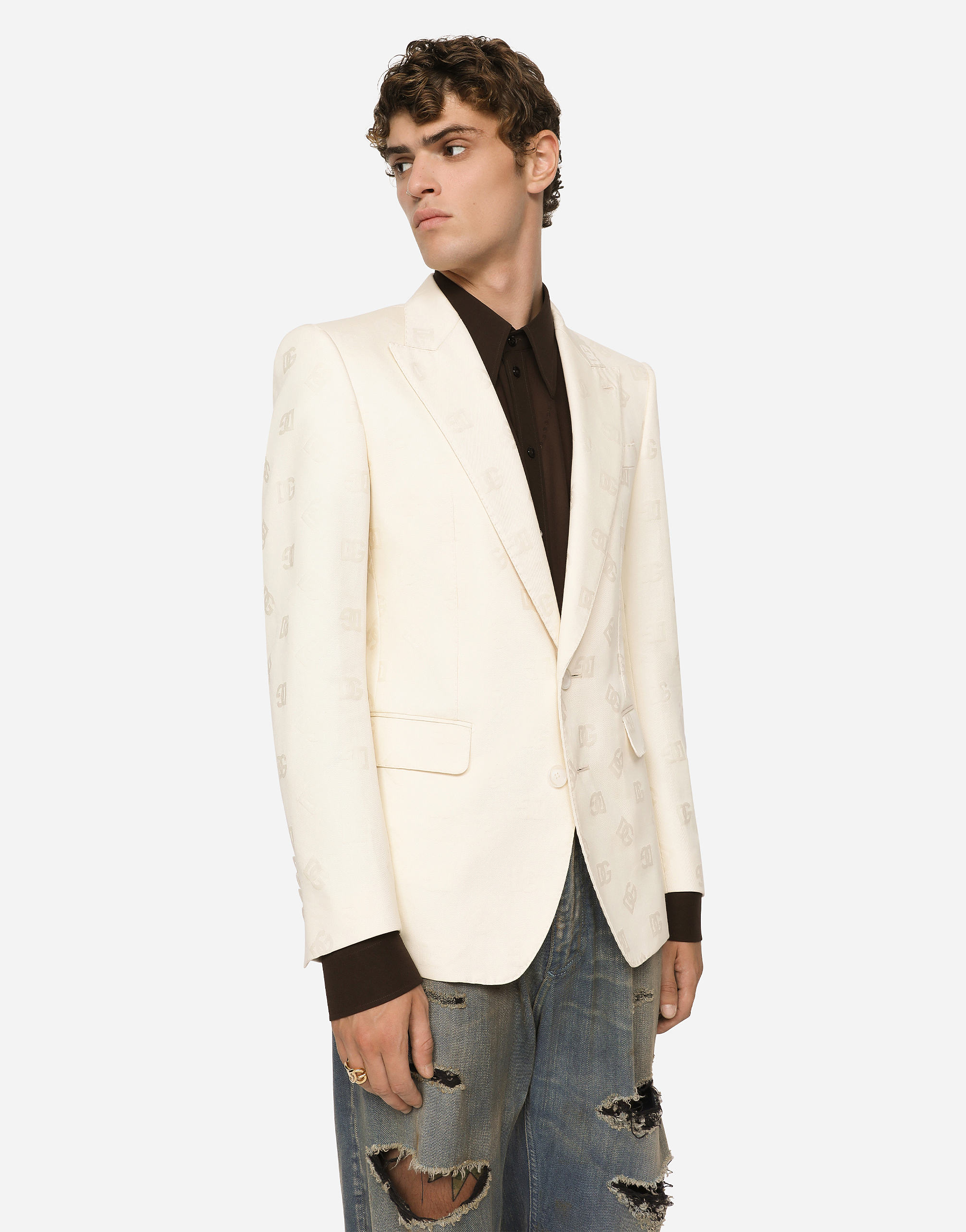 Shop Dolce & Gabbana Single-breasted Cotton Sicilia-fit Jacket With Jacquard Dg Details In White