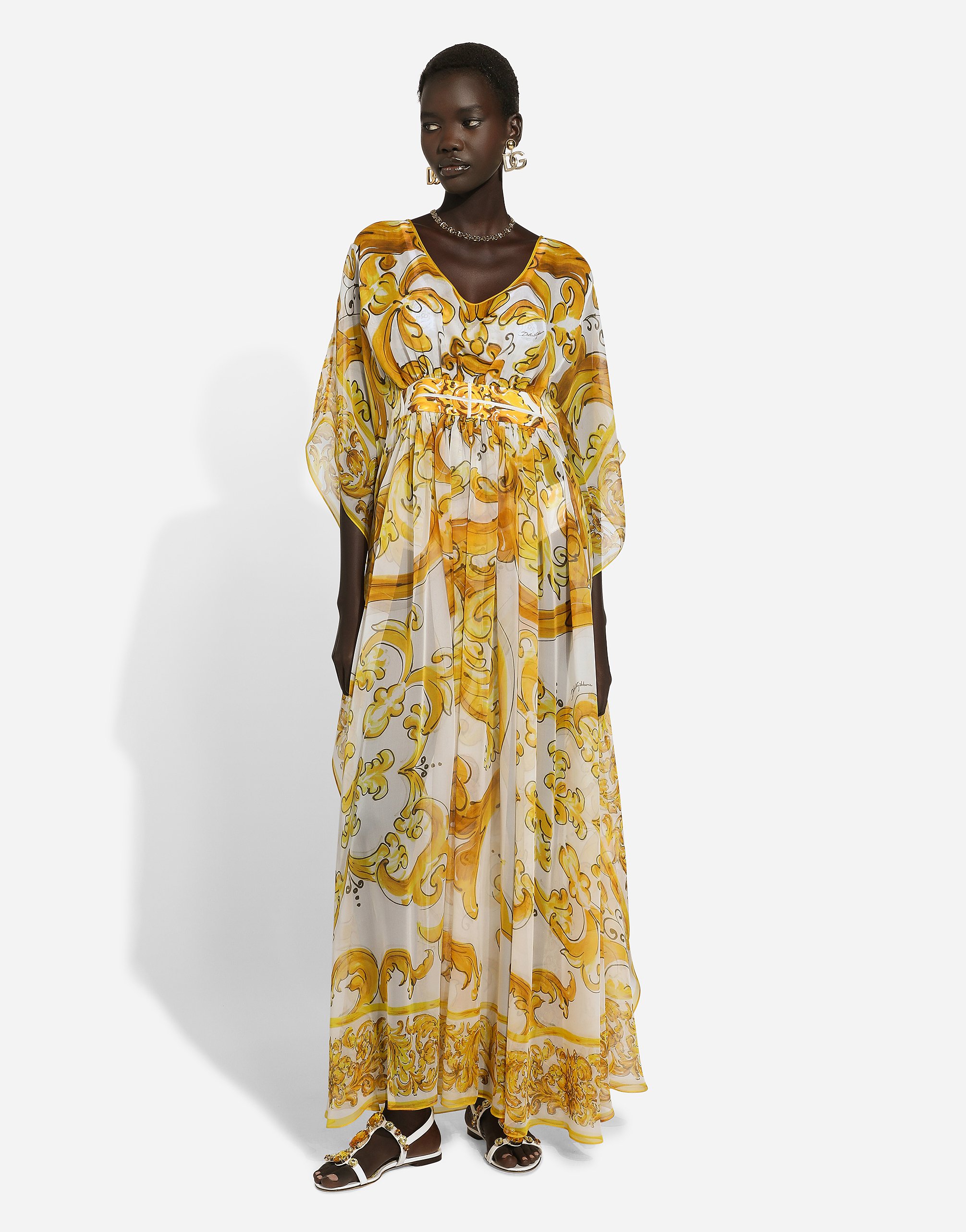 Shop Dolce & Gabbana Long Silk Chiffon Dress With Majolica Print