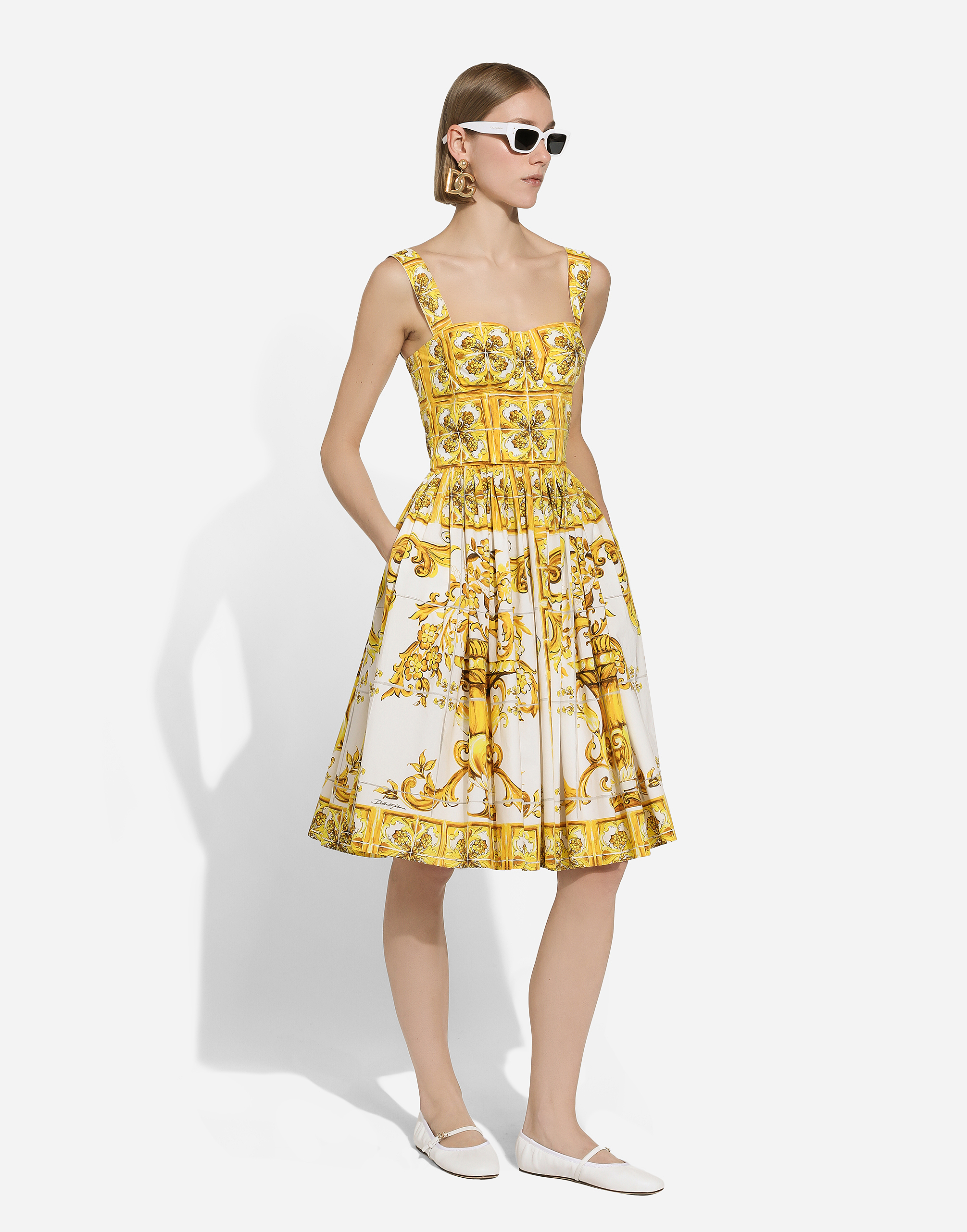 Shop Dolce & Gabbana Midi Corset Dress In Cotton Poplin With Majolica Print