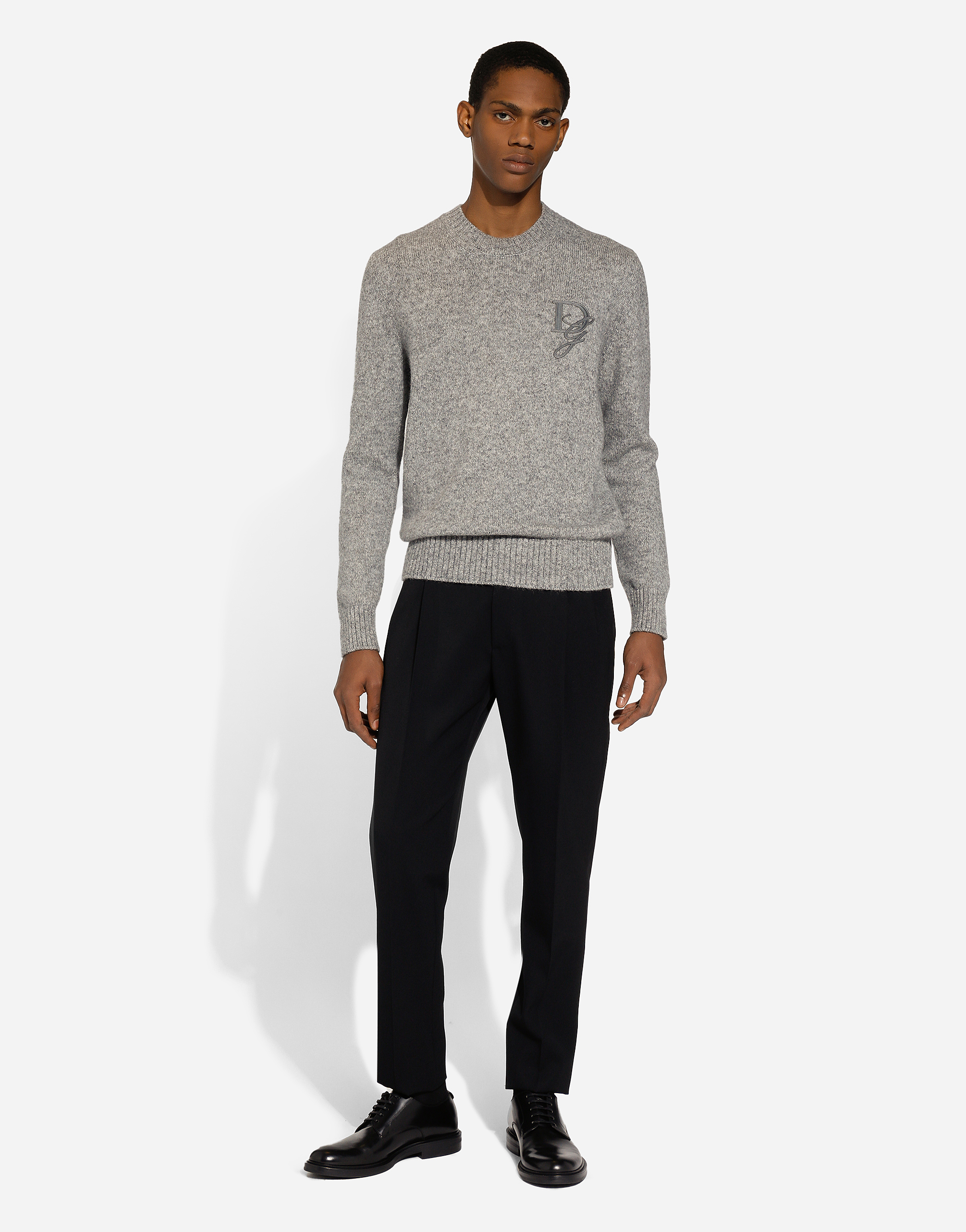 Shop Dolce & Gabbana Round-neck Wool Sweater With Dg Embroidery In Grey