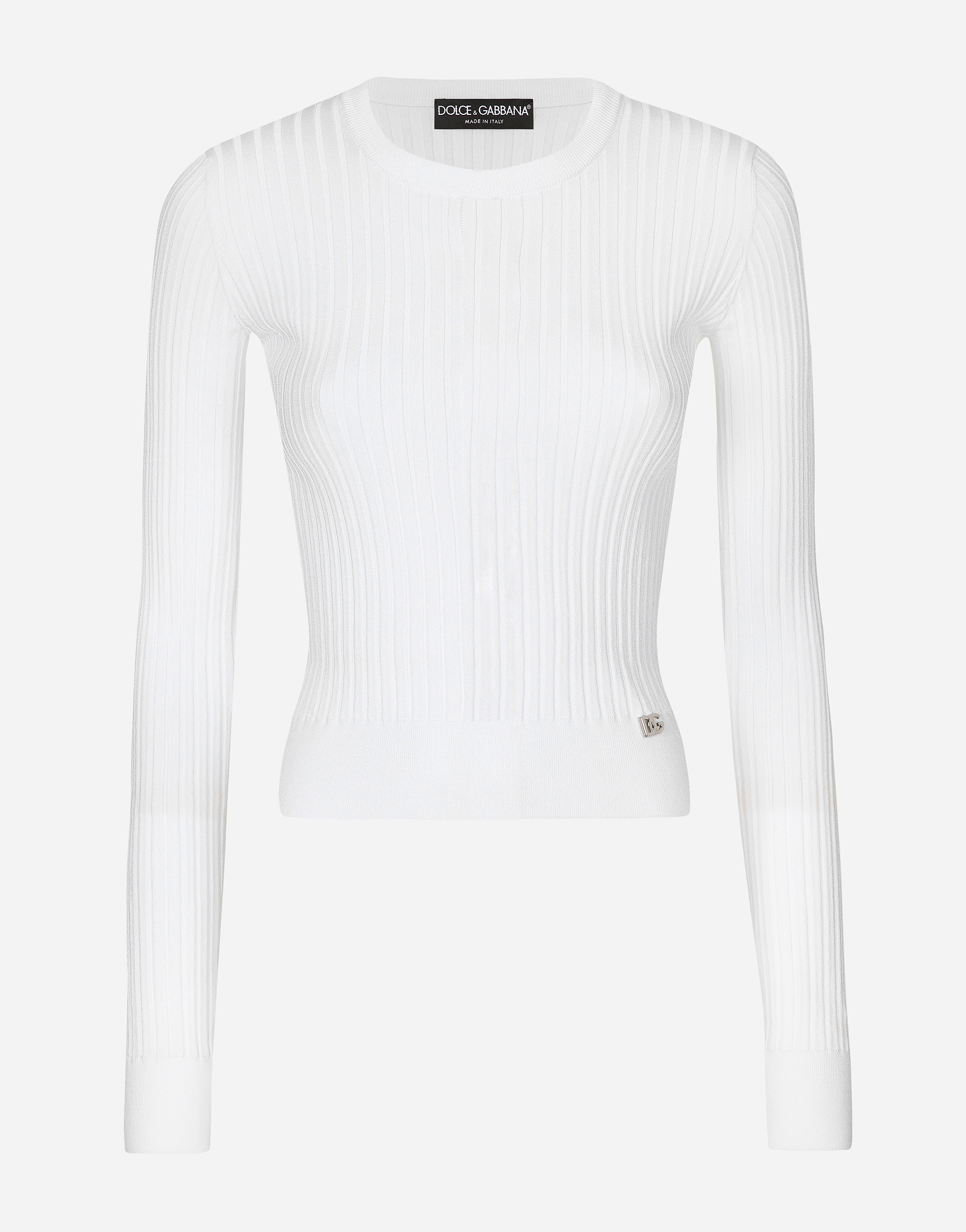 Shop Dolce & Gabbana Ribbed Viscose Sweater With Metal Dg Logo Pin In White