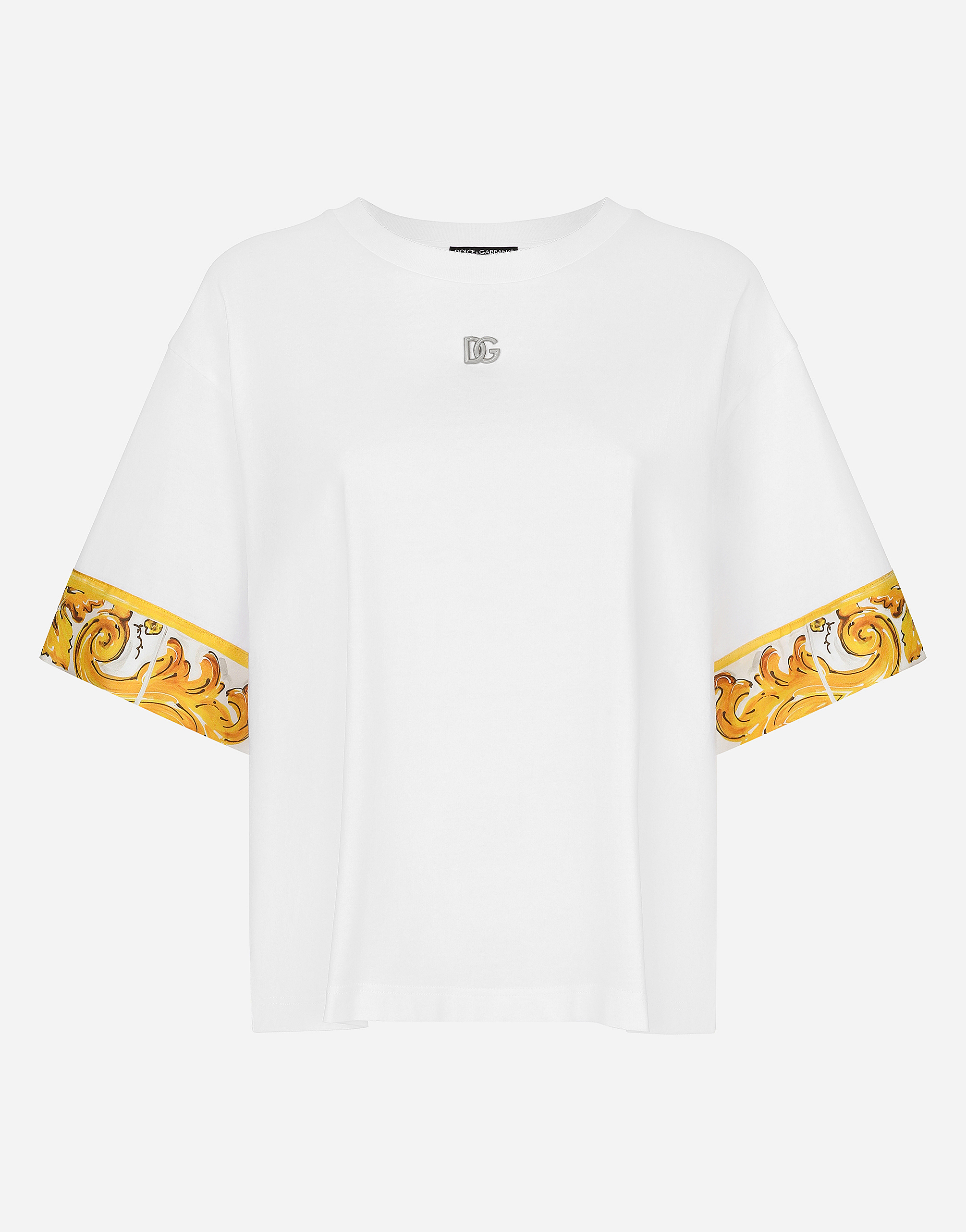 Shop Dolce & Gabbana Cotton Jersey T-shirt With Majolica-print Silk Twill Details In White