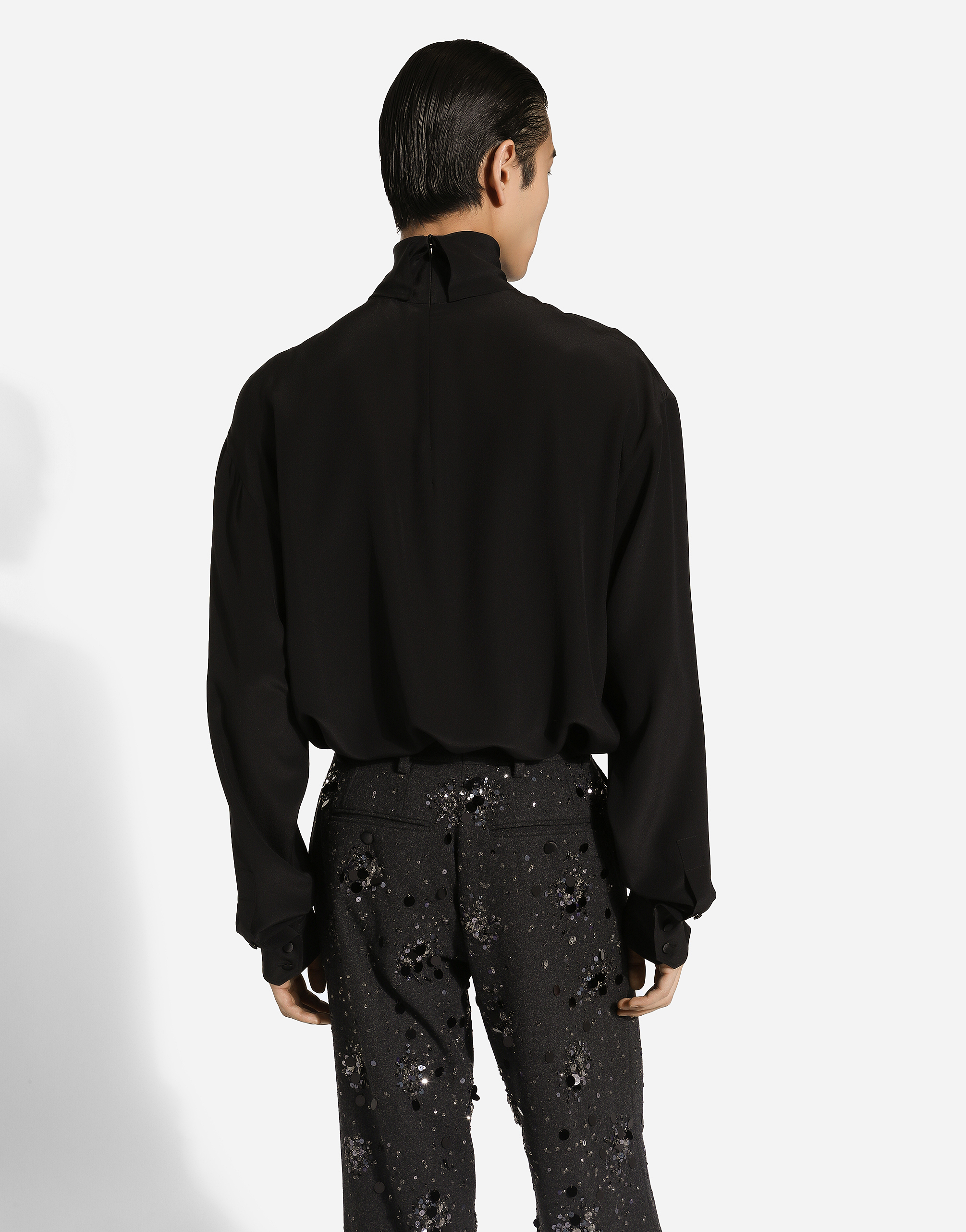 Shop Dolce & Gabbana Loose Silk Turtleneck With Shirt Cuffs In ブラック