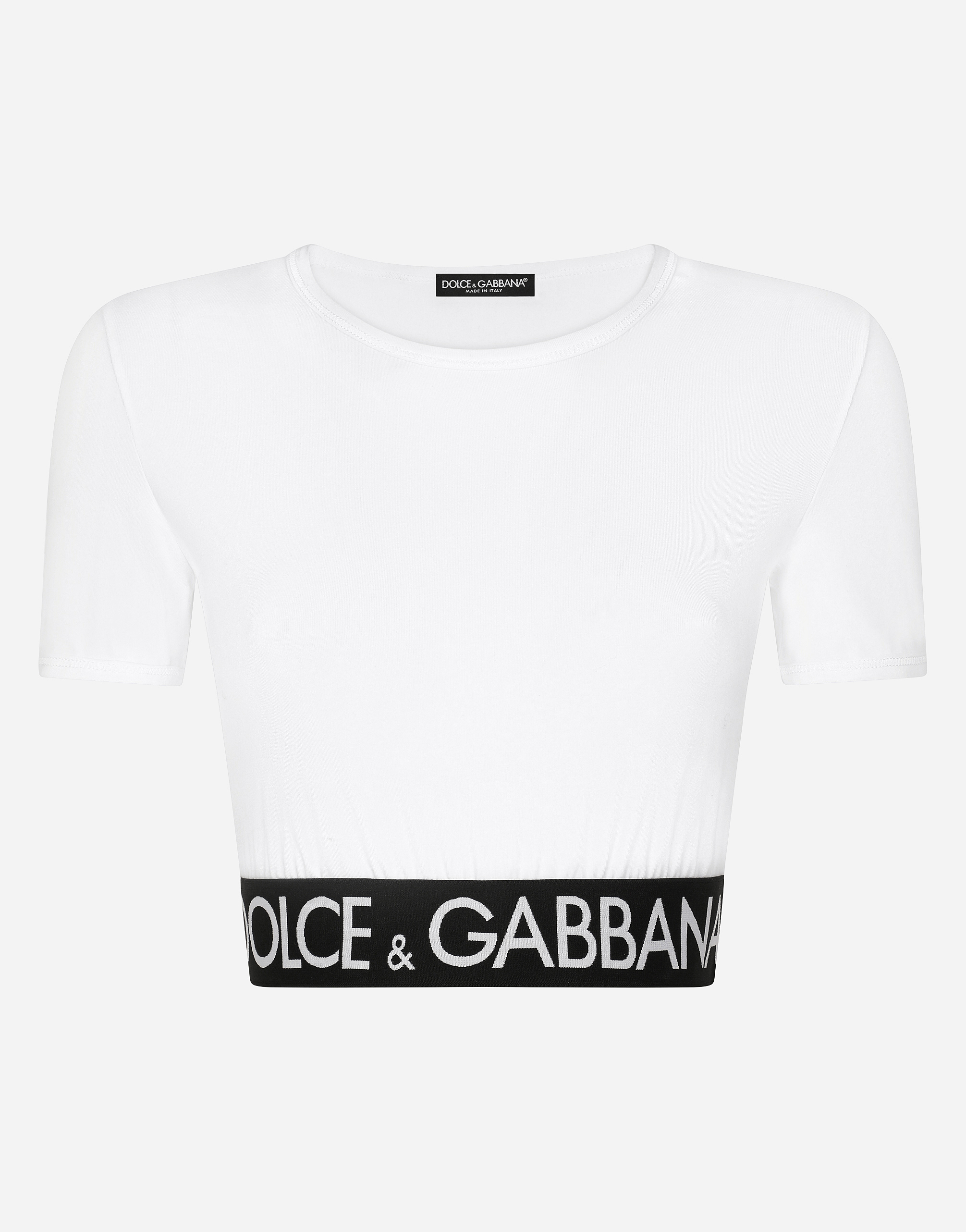 Dolce & Gabbana Printed Jersey Crop Top W/ Logo Band In Blue,white
