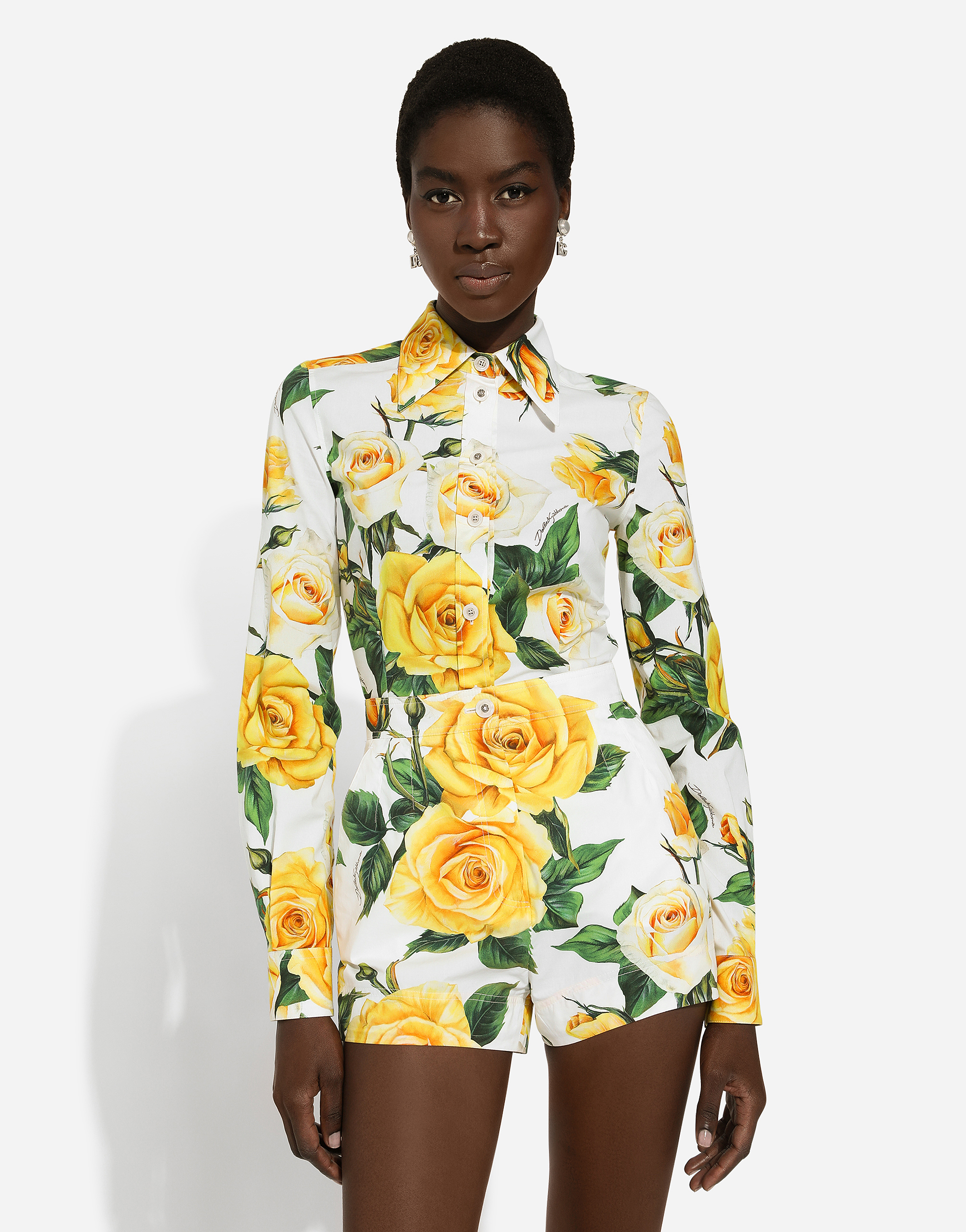 Shop Dolce & Gabbana Long-sleeved Cotton Shirt With Yellow Rose Print