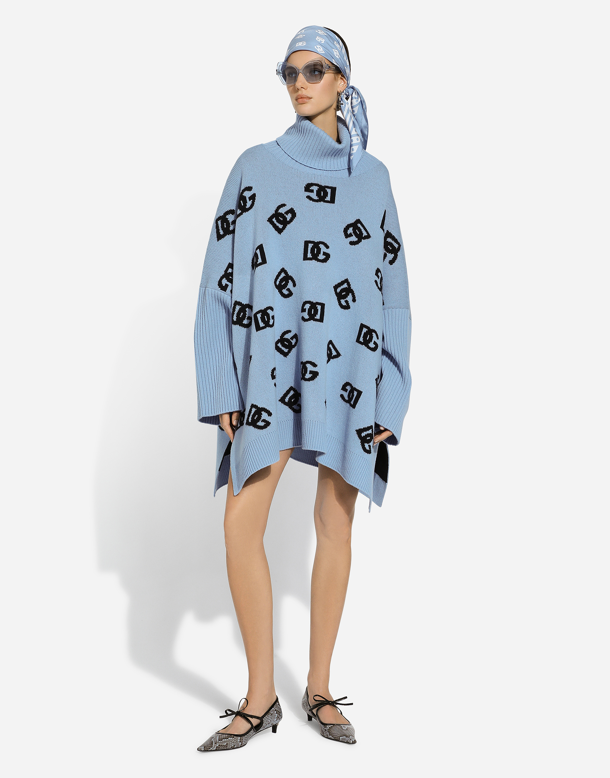 Shop Dolce & Gabbana Wool Turtle-neck Poncho With Dg Logo Inlay In Azure