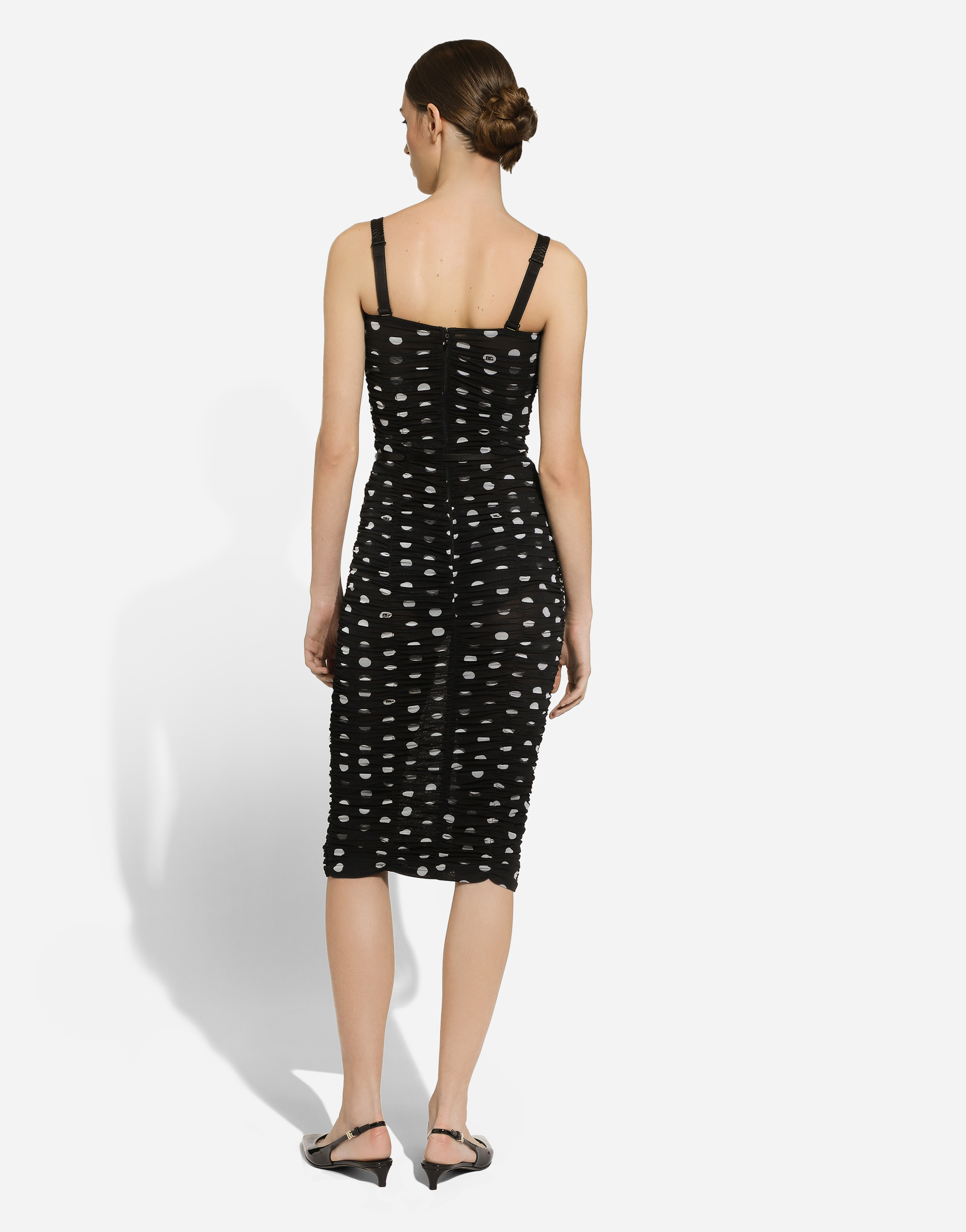 Shop Dolce & Gabbana Tulle Calf-length Sheath Dress With Draping And Polka-dot Print In プリ