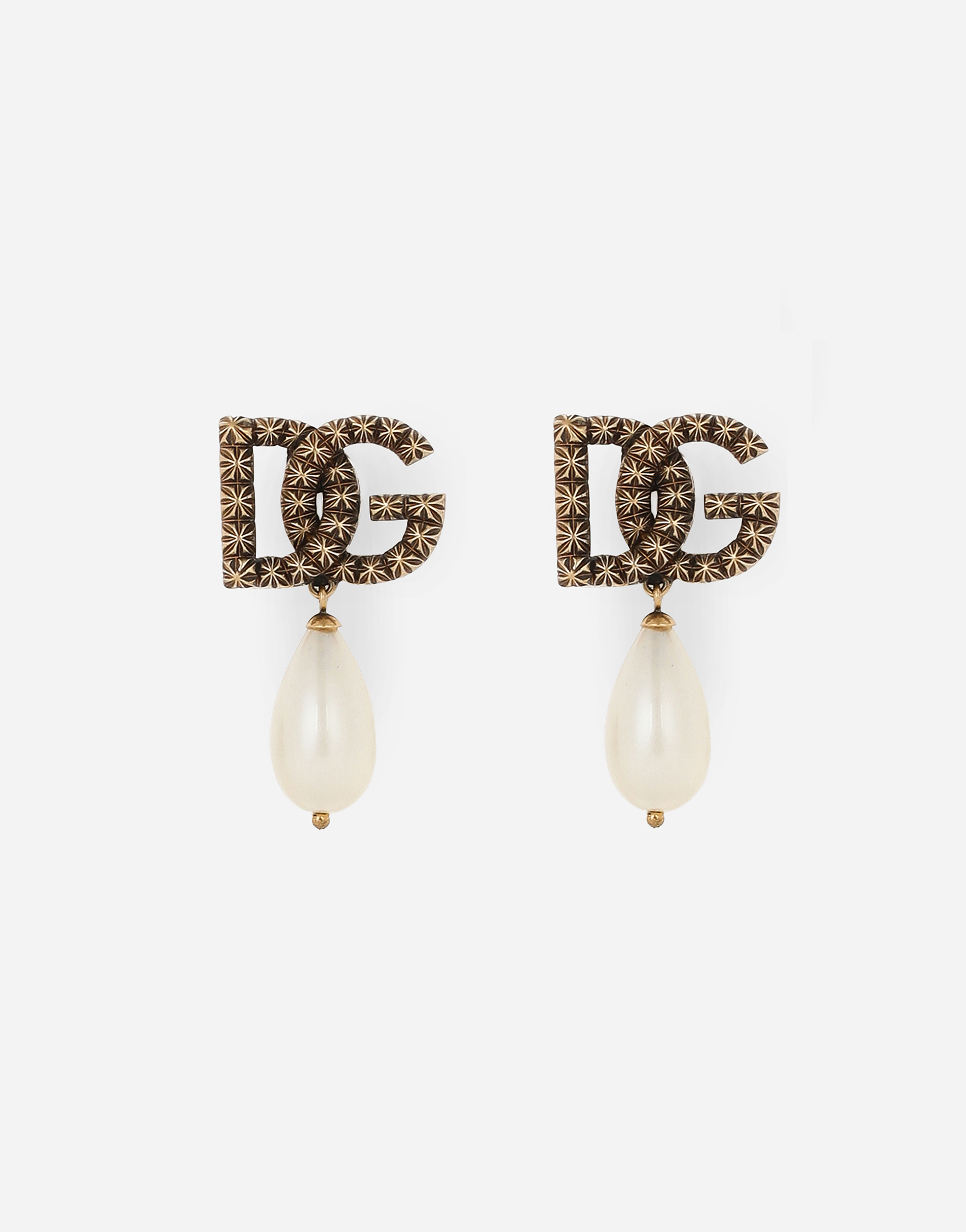 Shop Dolce & Gabbana Drop Earrings With Teardrop Pearl And Dg Logo In ゴールド