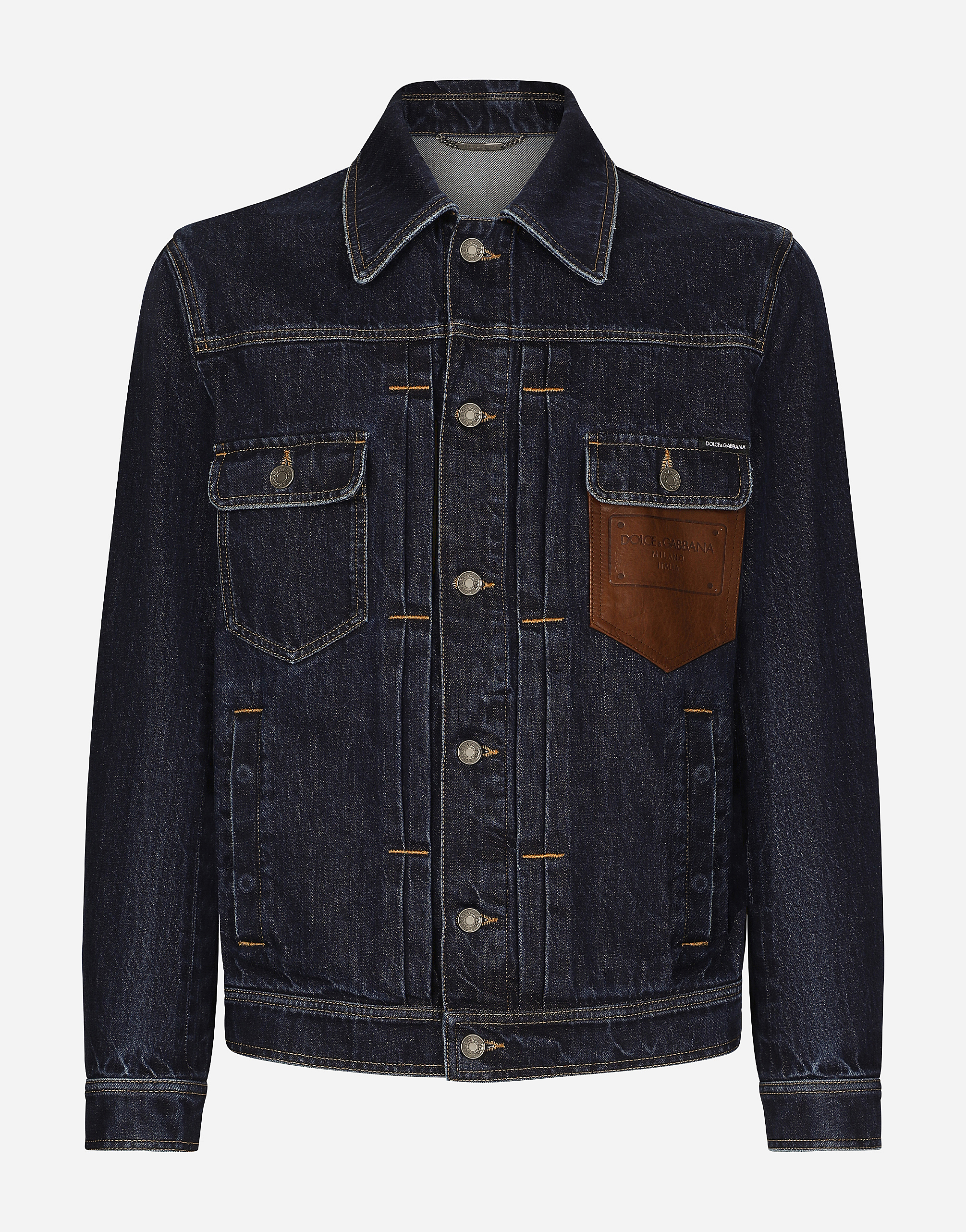 Shop Dolce & Gabbana Denim Jacket With Embossed Tag On Leather In マルチカラー