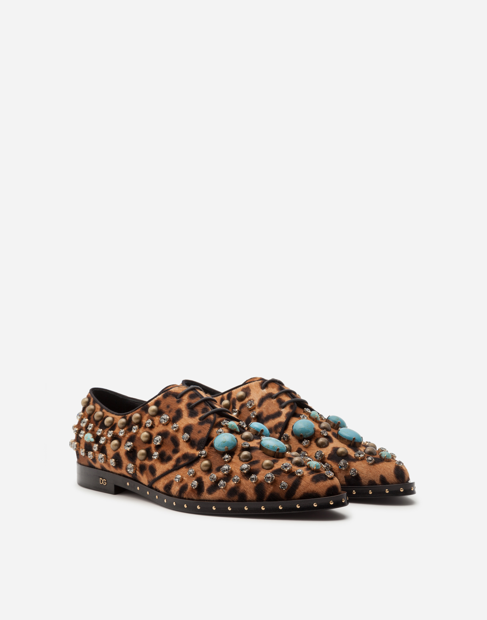 Derby shoes in pony-style calfskin with jewel embroidery and leopard print