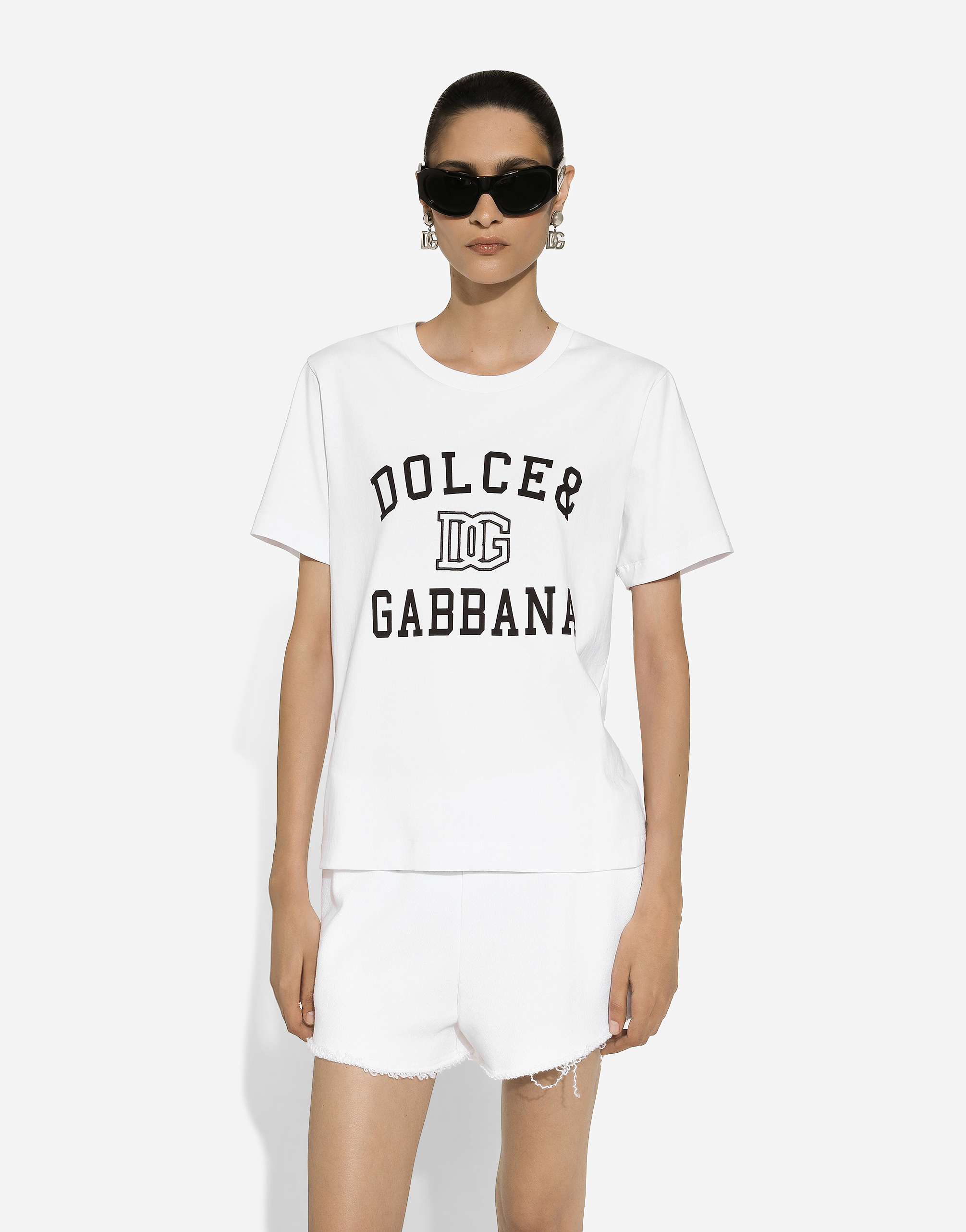 Shop Dolce & Gabbana Jersey T-shirt With Dolce&gabbana Logo Embroidery And Lettering In White