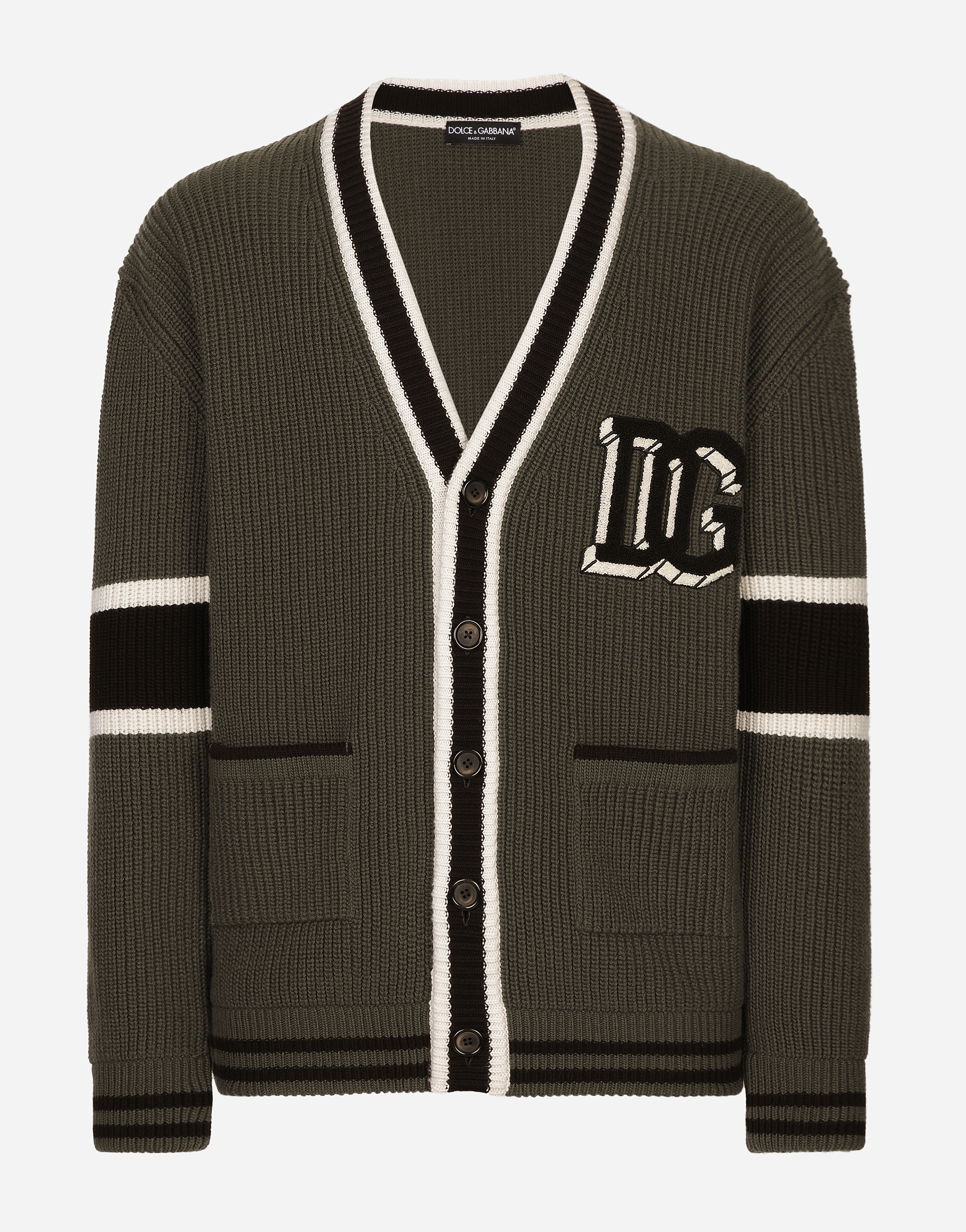 Shop Dolce & Gabbana Wool Fisherman's Rib-knit Cardigan With Dg Logo Patch In グリーン