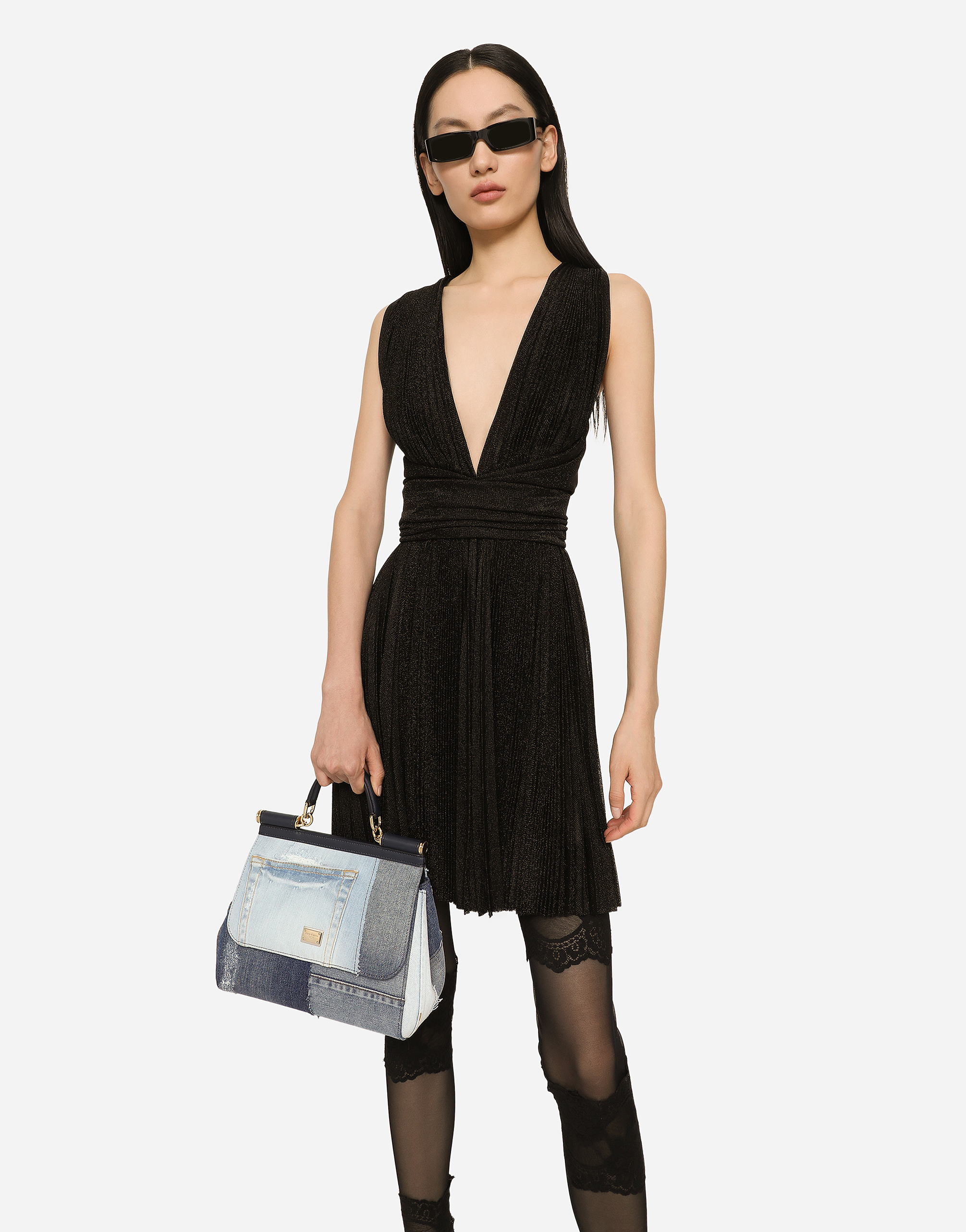 Shop Dolce & Gabbana Short Pleated Lurex Mesh Dress In Black