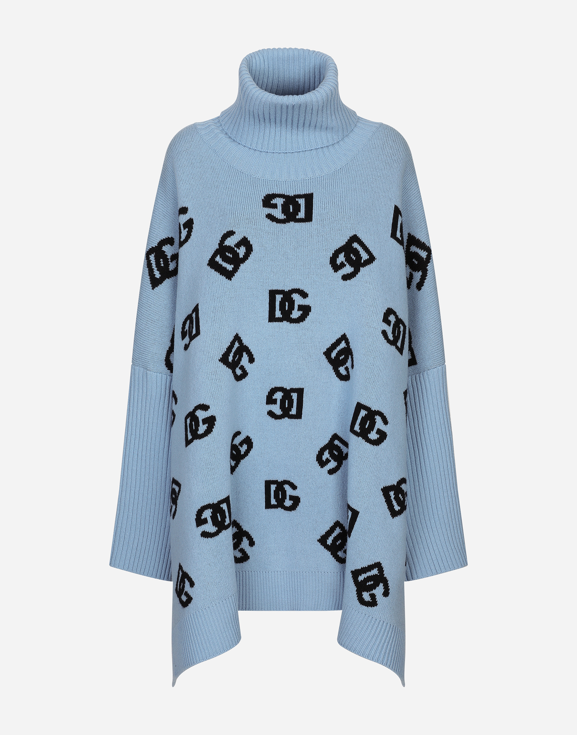 Shop Dolce & Gabbana Wool Turtle-neck Poncho With Dg Logo Inlay In Azure