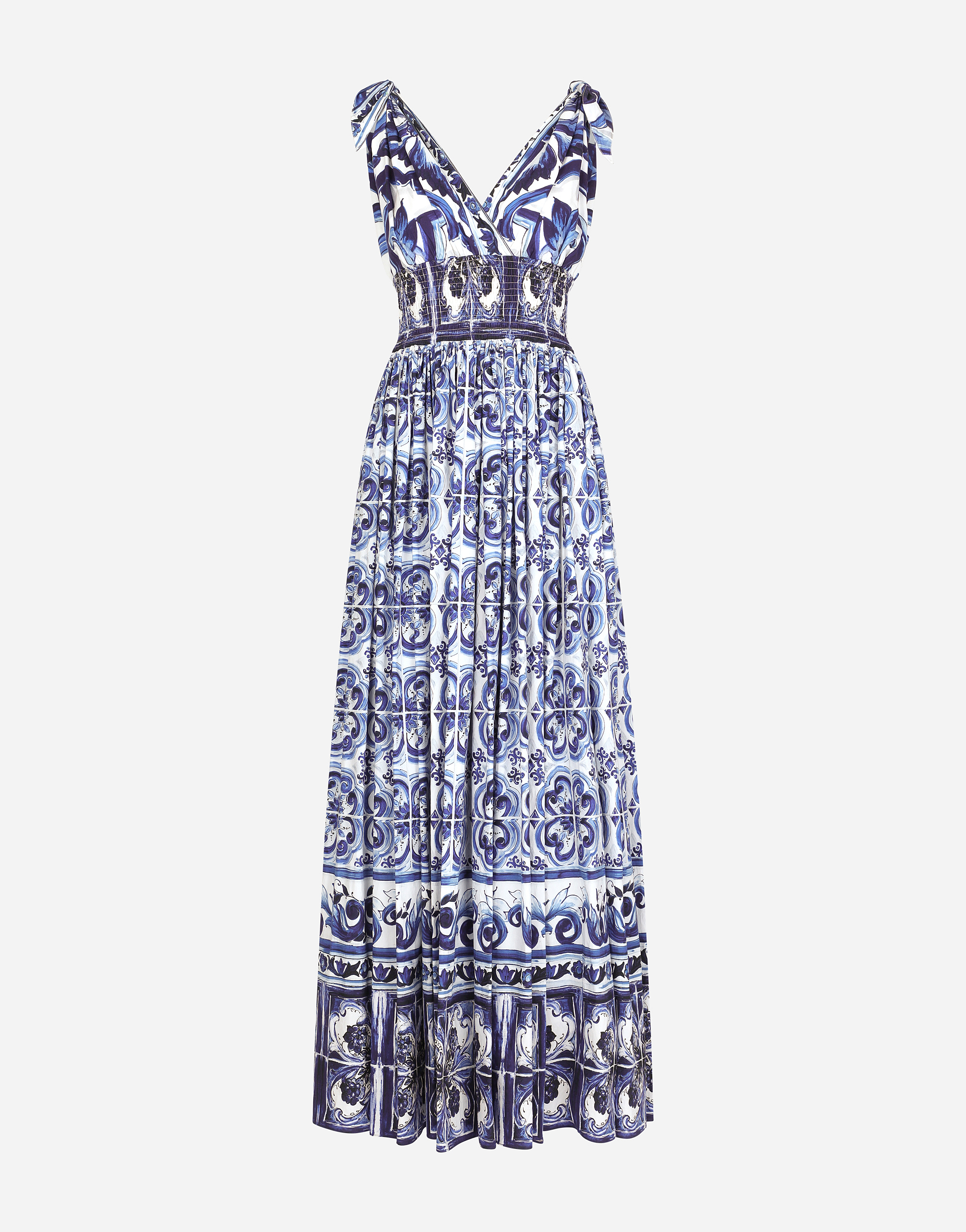 Long majolica-print poplin dress