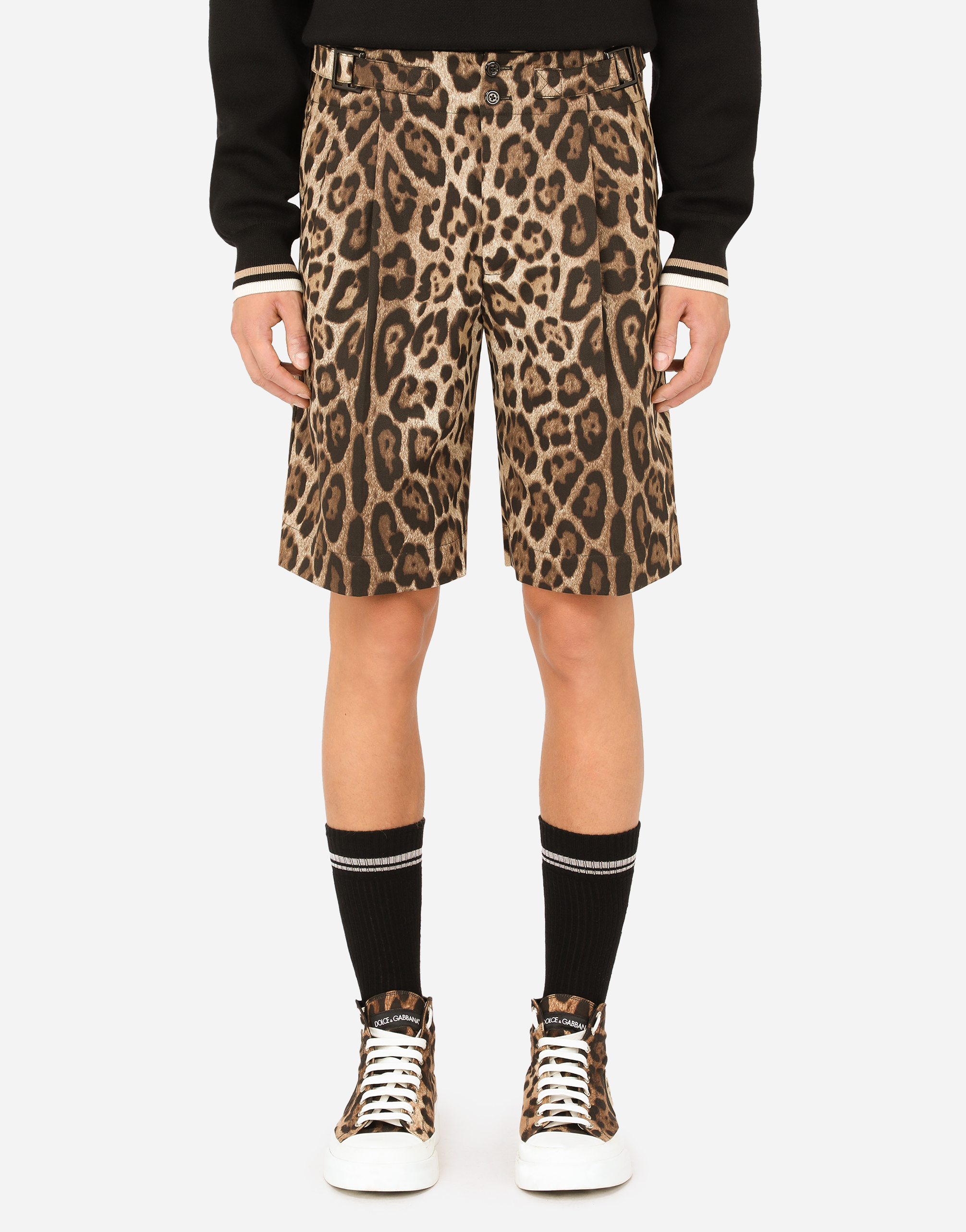 男士动物印花Stretch cotton bermuda shorts with leopard print | Dolceu0026Gabbana®