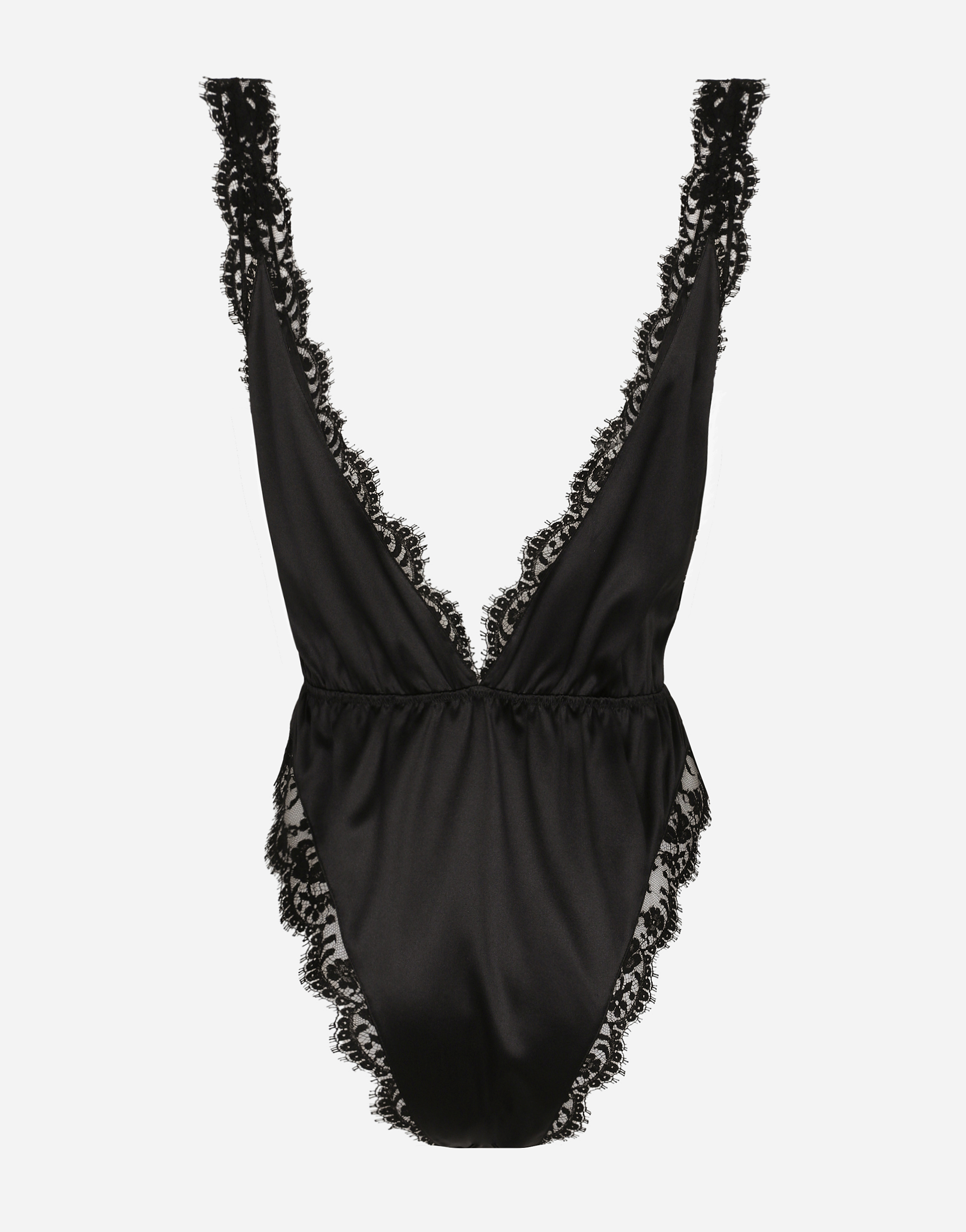 Shop Dolce & Gabbana Lace And Satin Bodysuit With High-cut Leg In Black