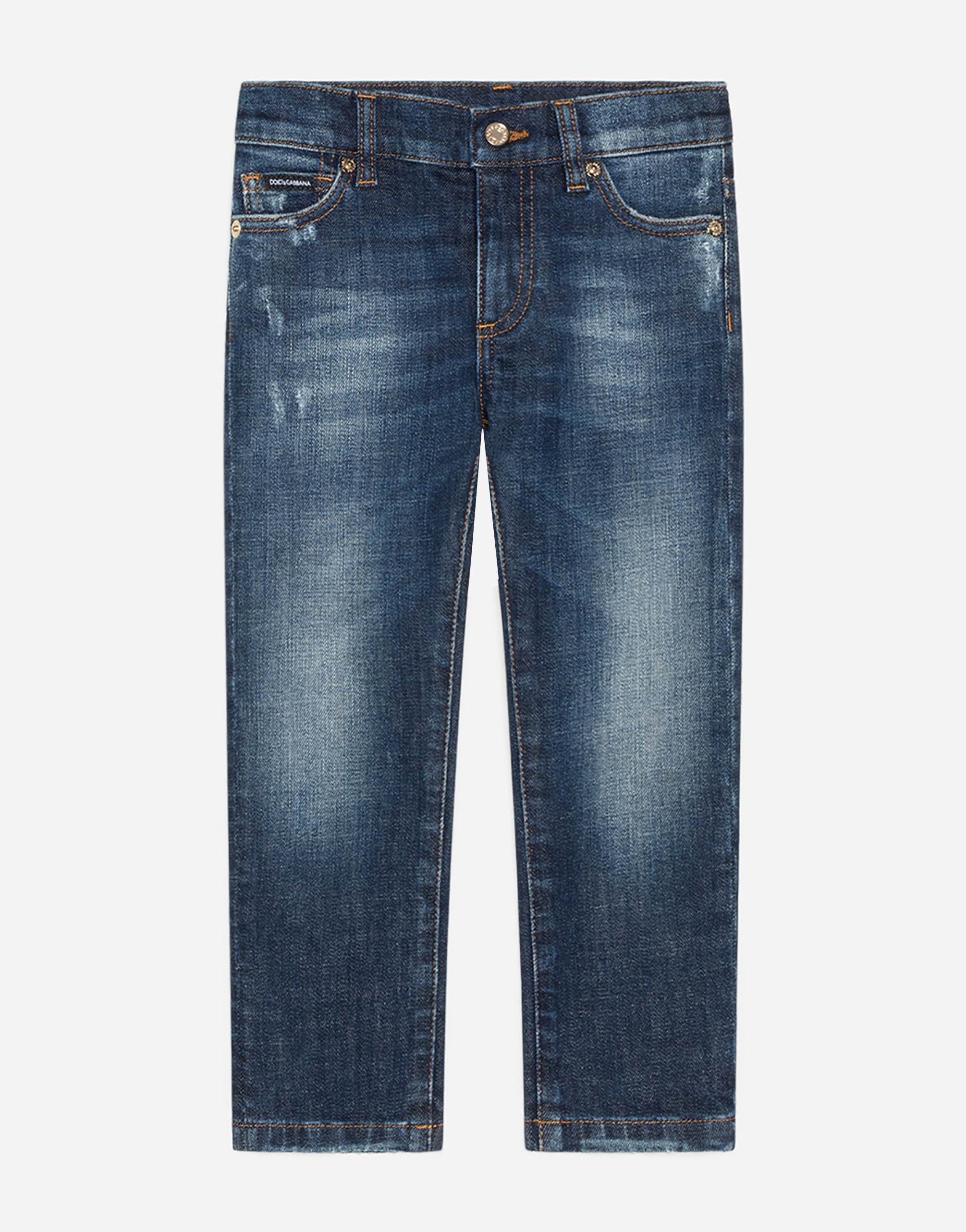 Stretch regular fit blue washed jeans with rips