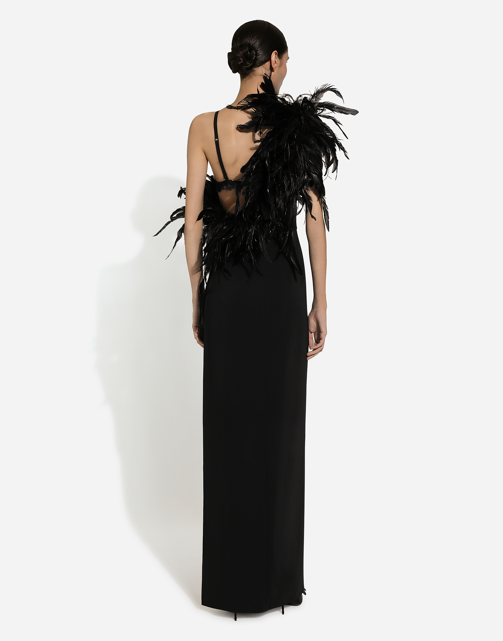 Shop Dolce & Gabbana Long One-shoulder Stretch Cady Dress With Feathered Neckline In Black