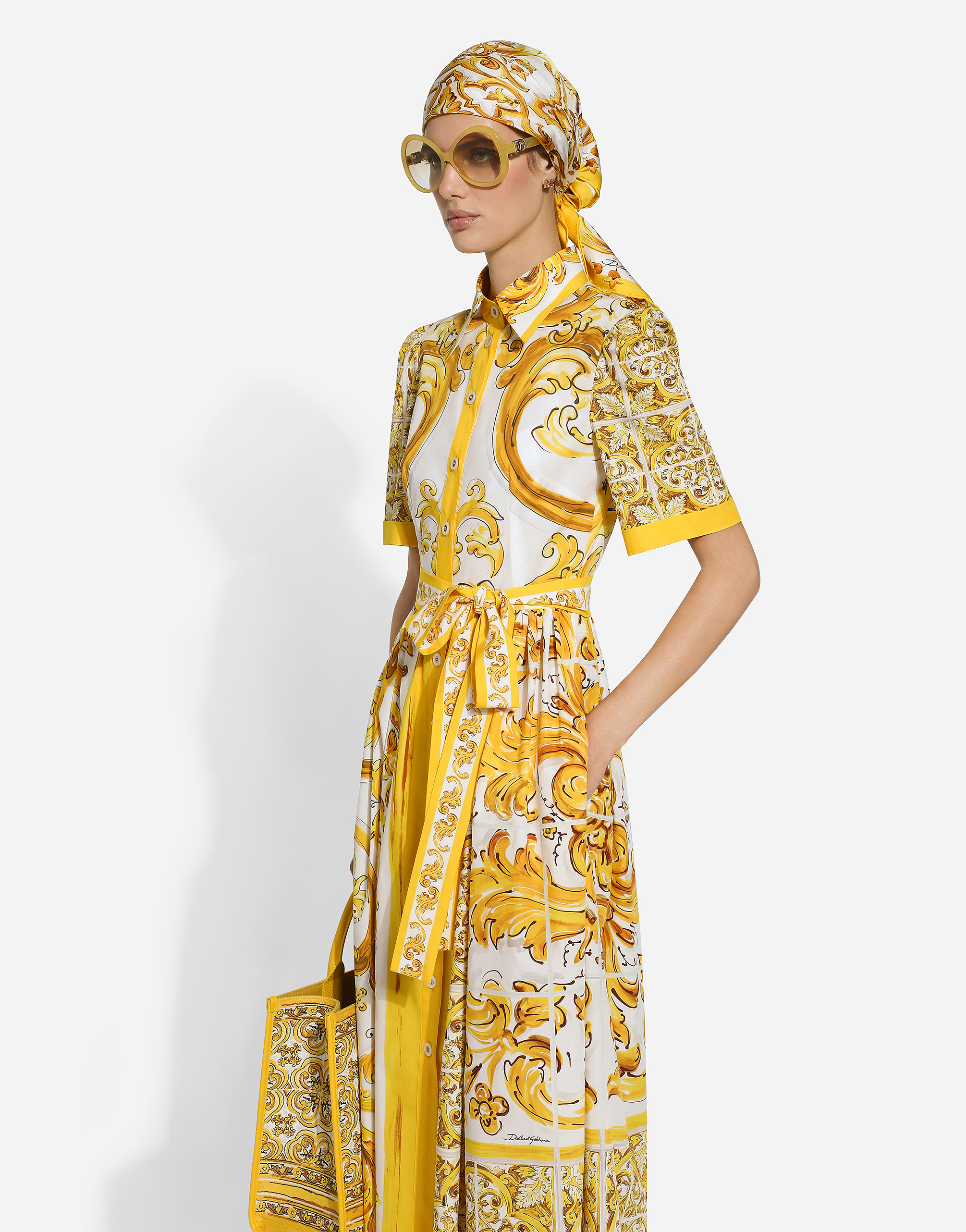 Shop Dolce & Gabbana Cotton Poplin Midi Shirt Dress With Majolica Print