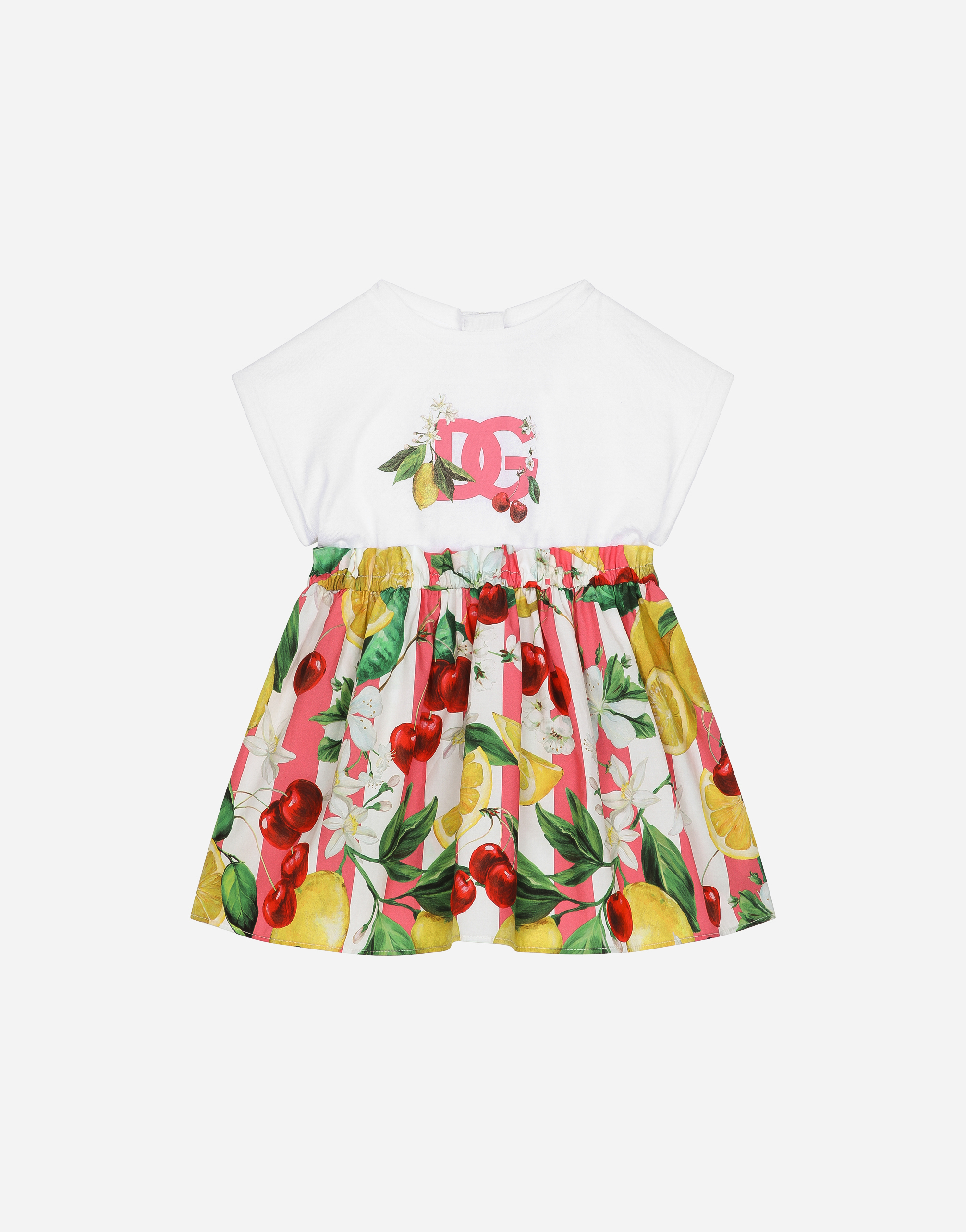 Jersey and poplin dress with bloomers and lemon and cherry print in 