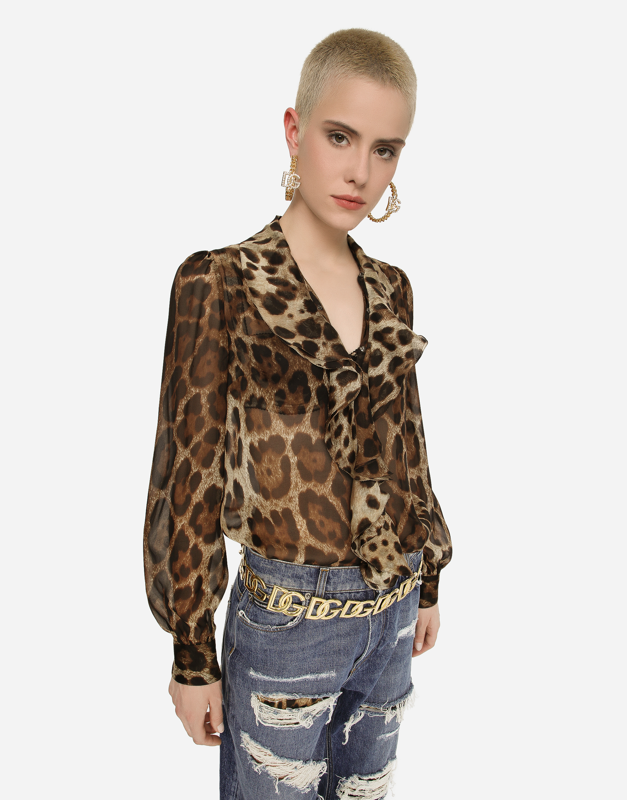 Leopard-print chiffon shirt with ruches