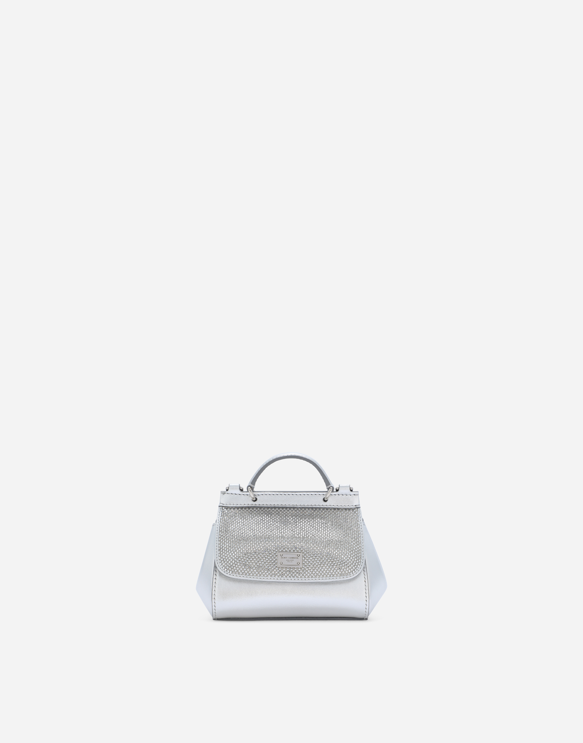 Nappa leather mini Sicily bag with fusible rhinestones in Silver for Girls Dolce Gabbana