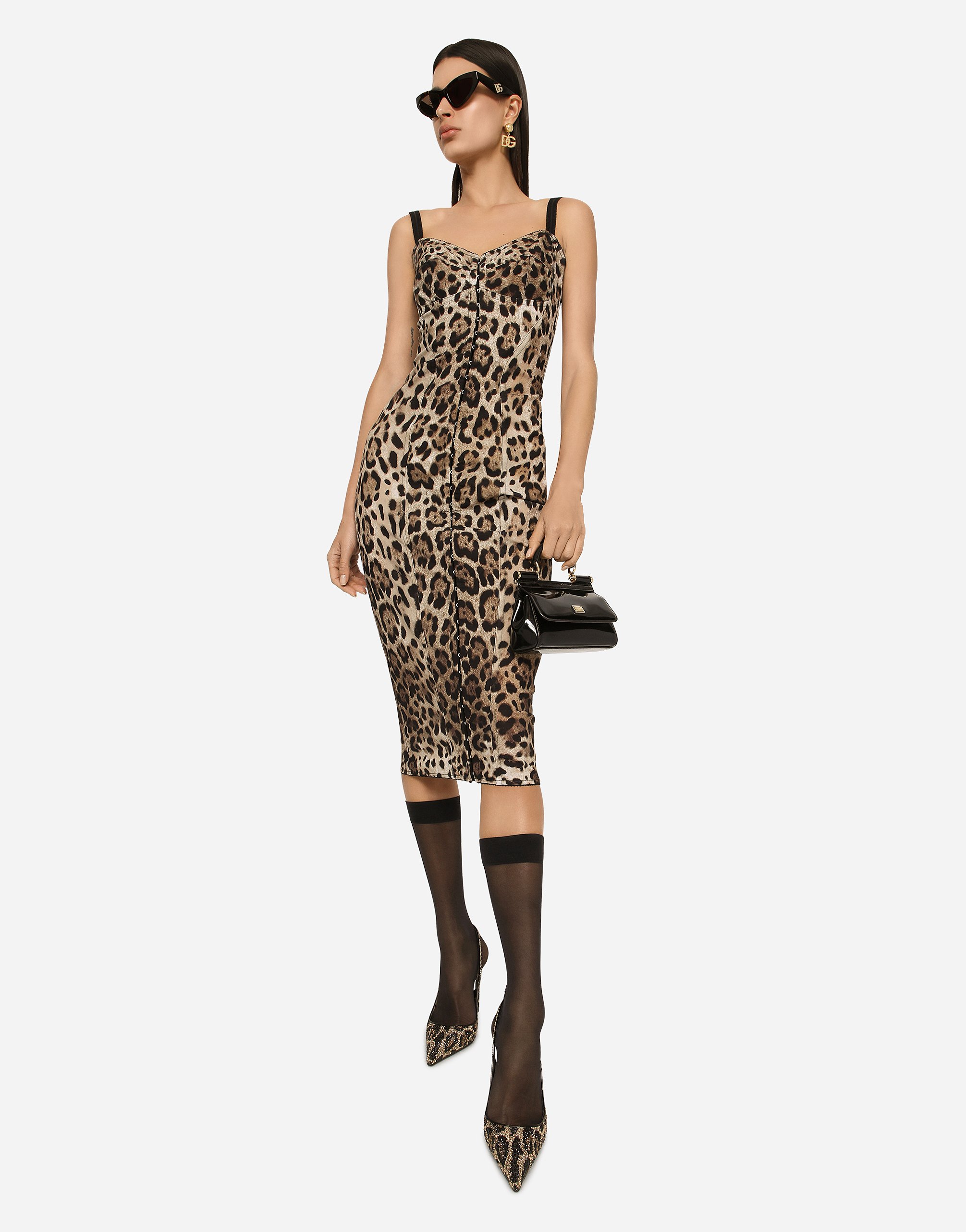 Marquisette calf-length dress with leopard print