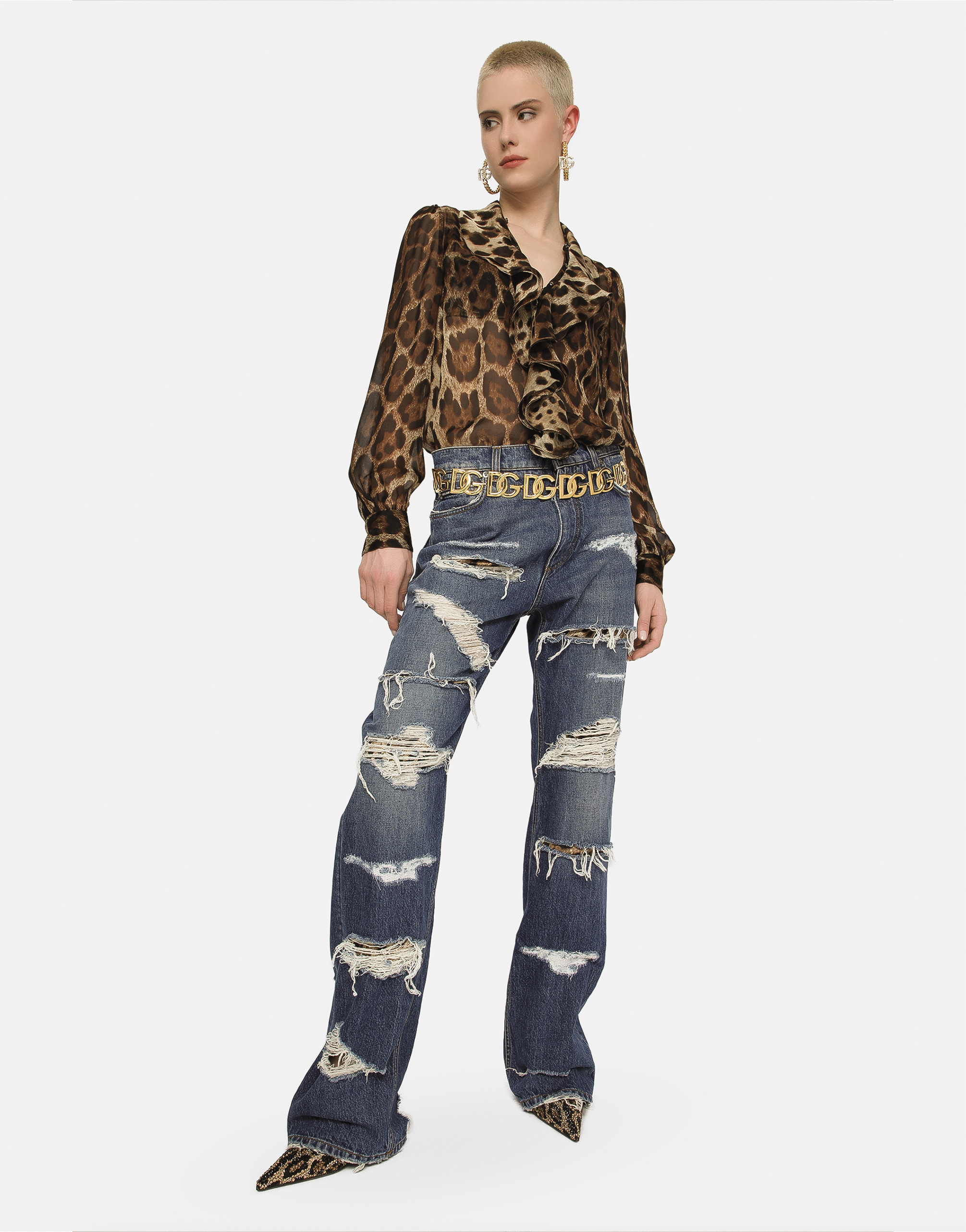 Leopard-print chiffon shirt with ruches