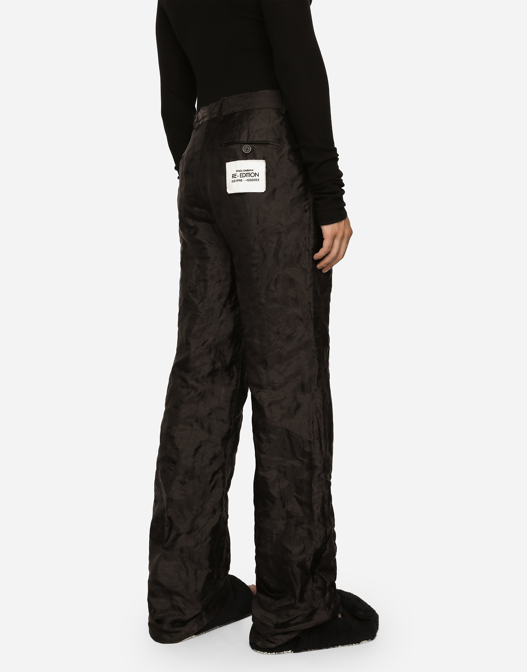 Shop Dolce & Gabbana Tailored Straight-leg Pants In Metallic Technical Fabric And Silk In Black