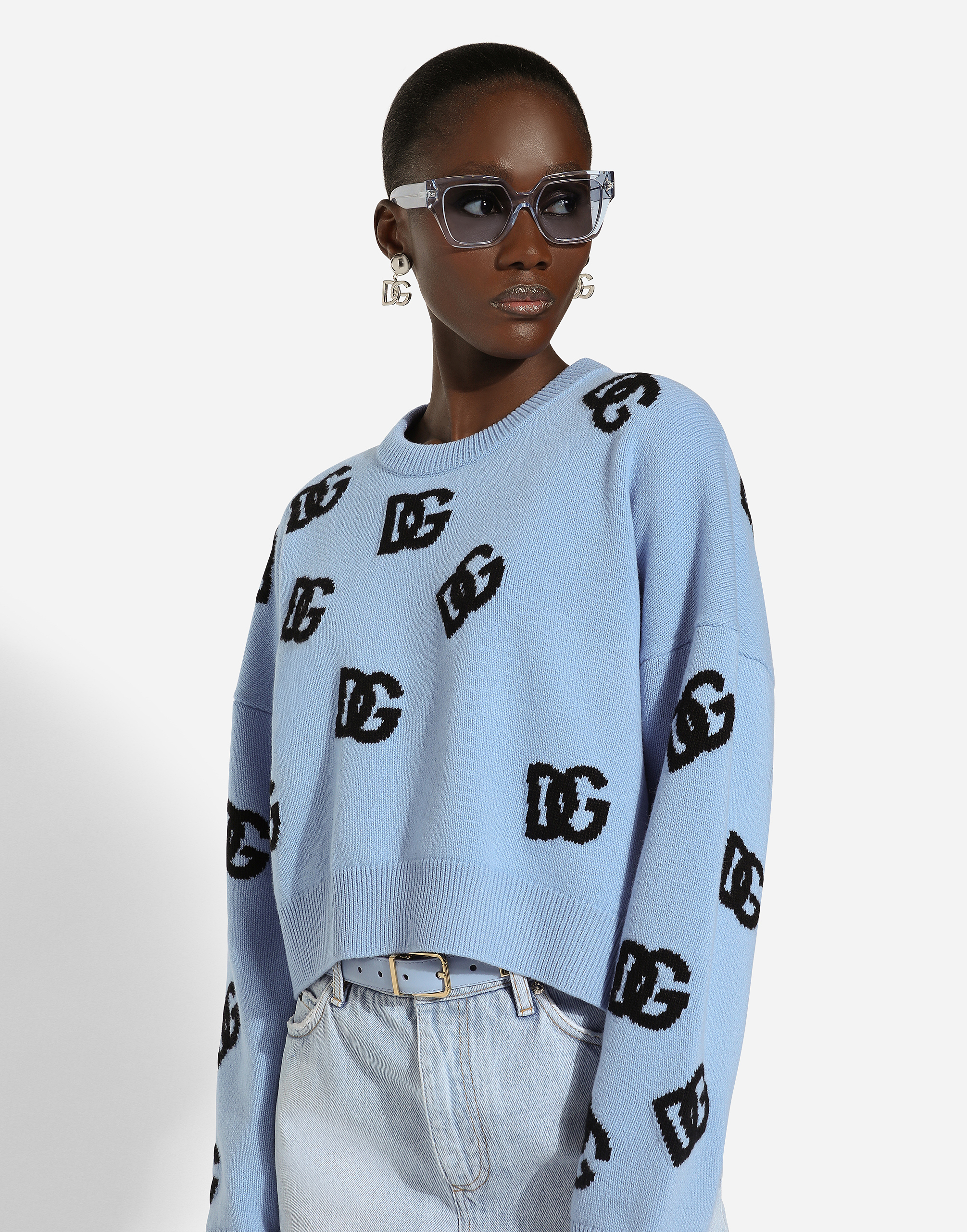 Shop Dolce & Gabbana Wool Round-neck Sweater With Dg Logo Inlay In Azure