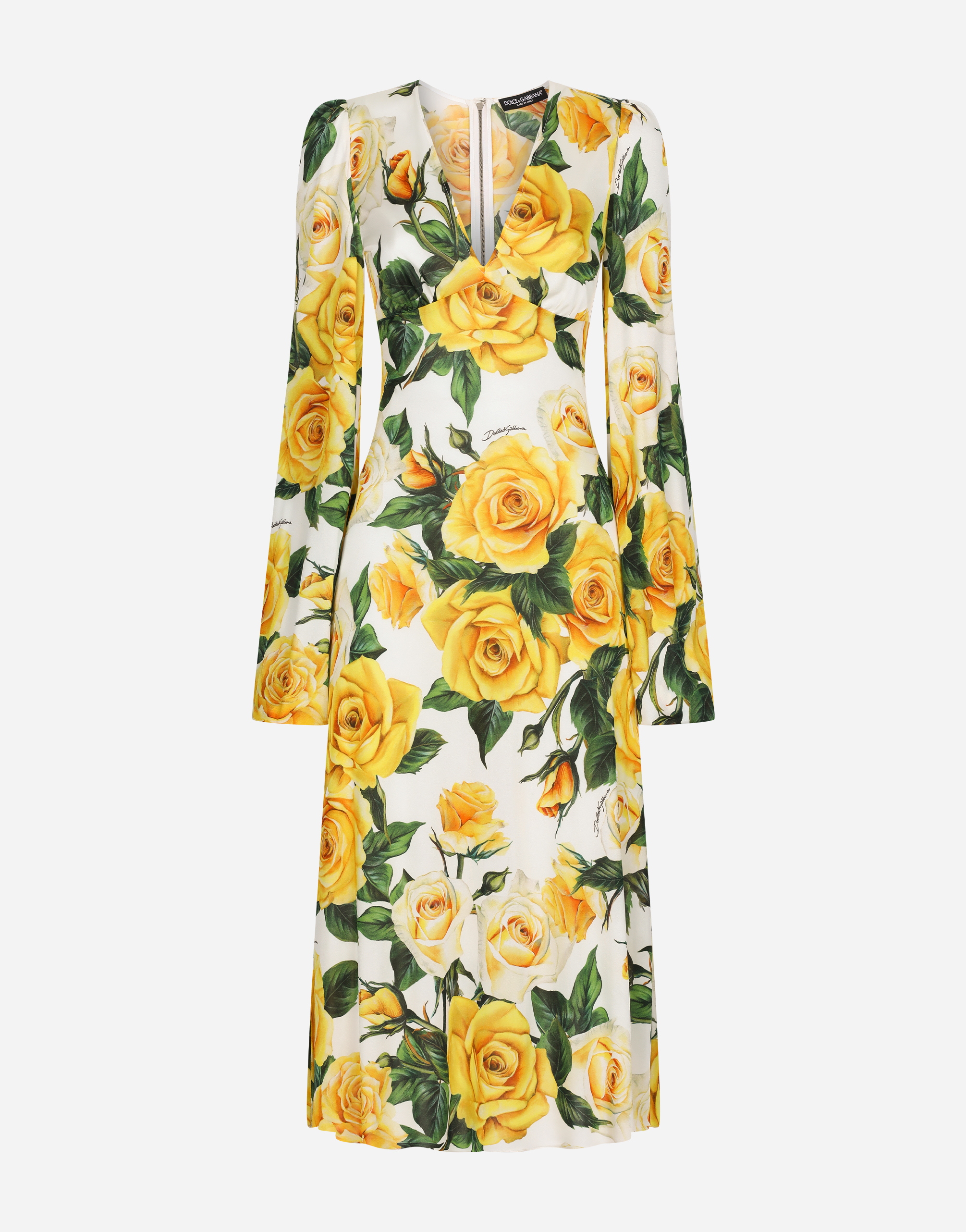 Shop Dolce & Gabbana Organzine V-neck Dress With Yellow Rose Print