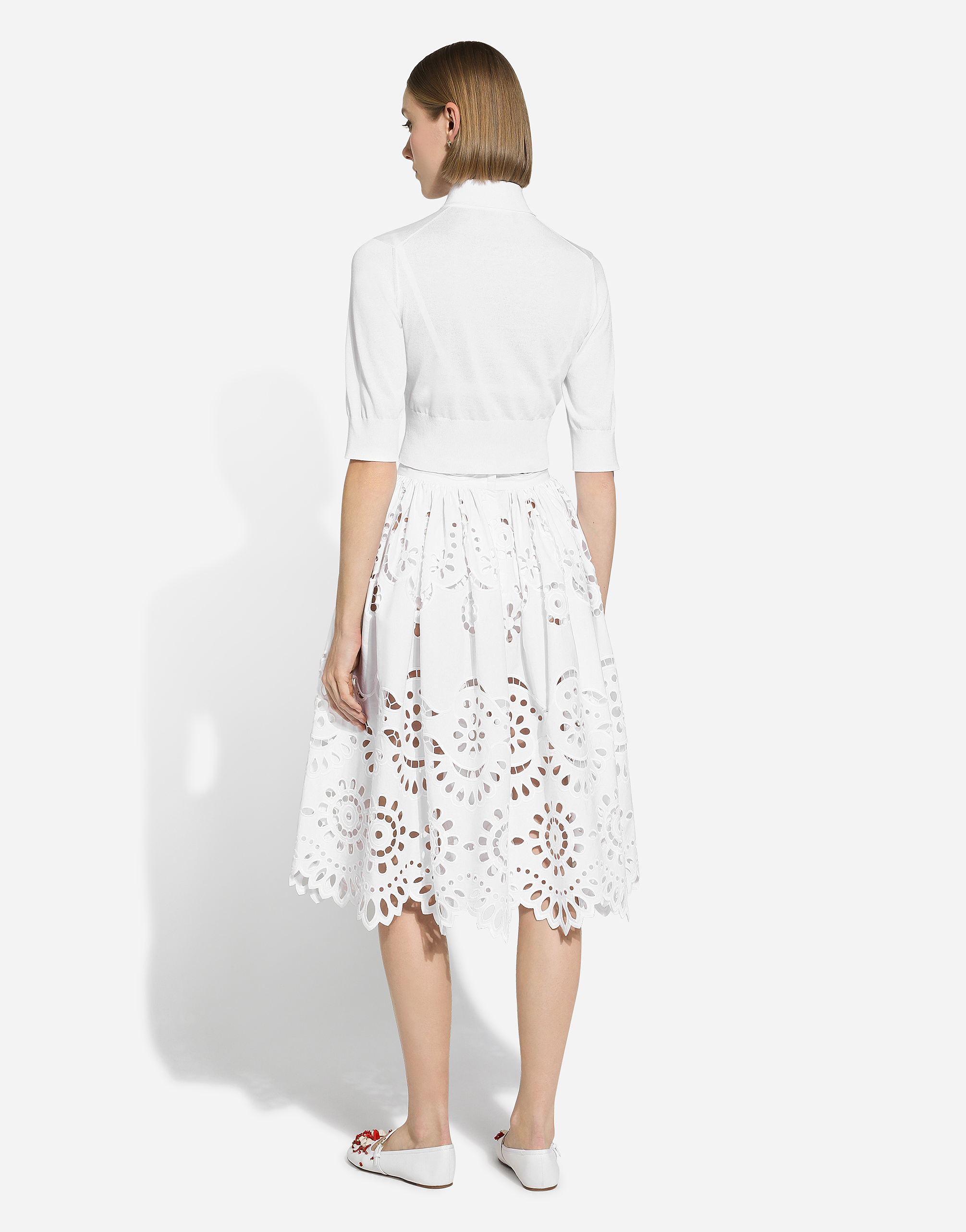 Shop Dolce & Gabbana Cotton Midi Circle Skirt With Cut-out Detailing In ホワイト