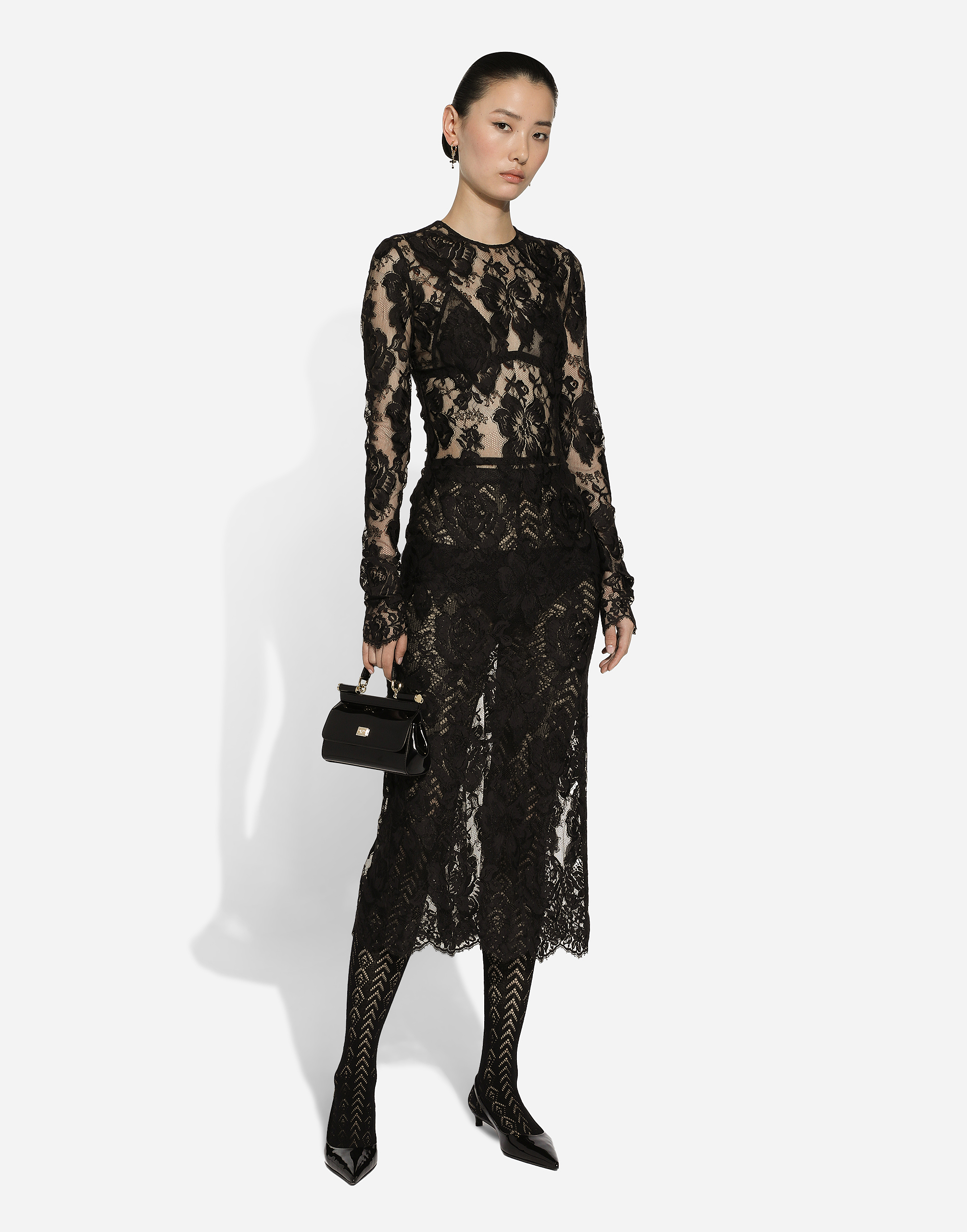 Shop Dolce & Gabbana Calf-length Floral Lace Dress In ブラック