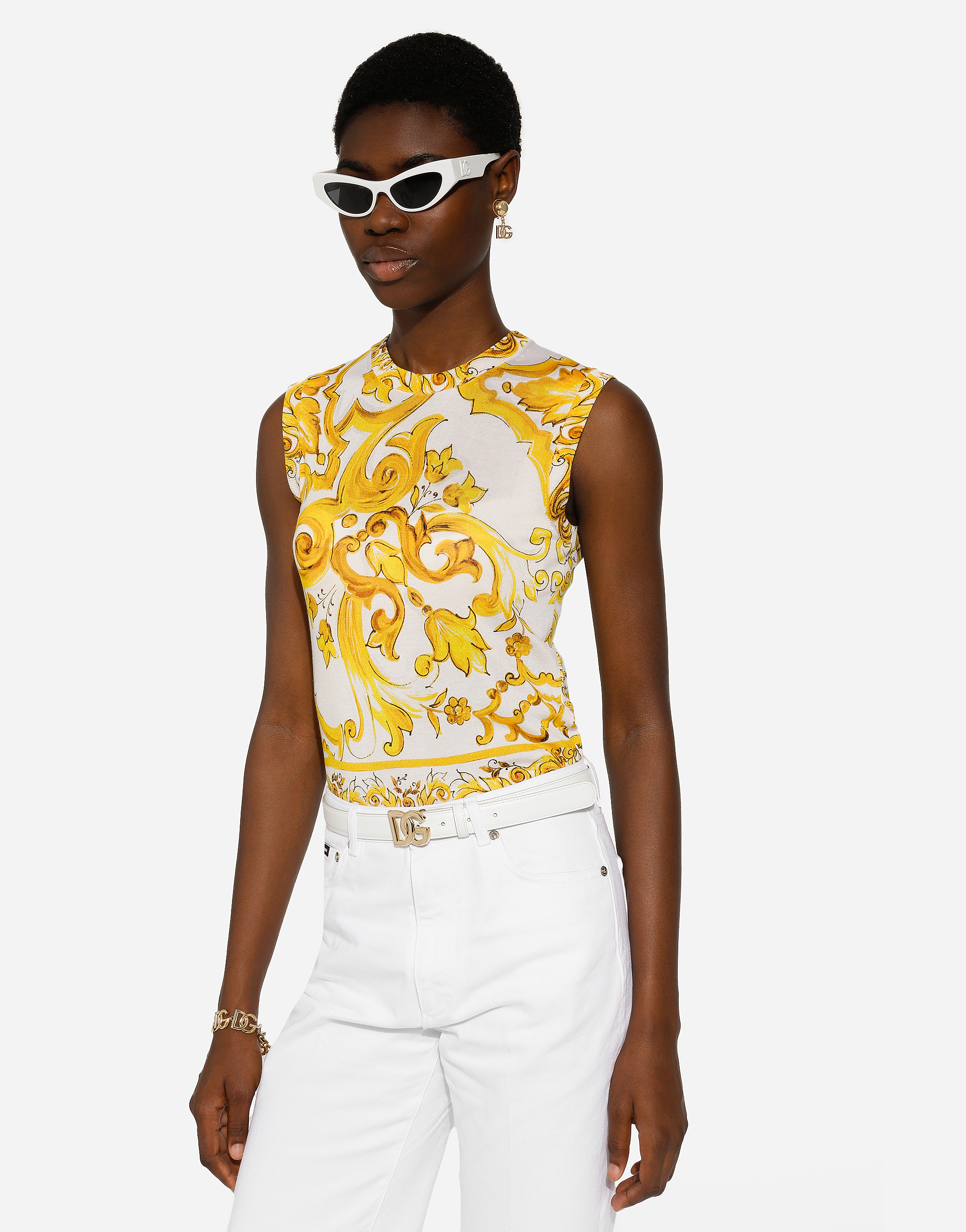 Shop Dolce & Gabbana Sleeveless Silk Sweater With Majolica Print